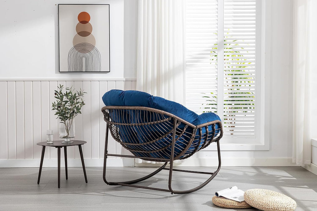 Outdoor Rattan Rocking Chair Oversized Papasan Recliner Lounger, Steel Frame & Thick Olefin Cushion, Indoor/Outdoor Use for Patio, Porch, Backyard, Garden, Balcony, Navy Blue