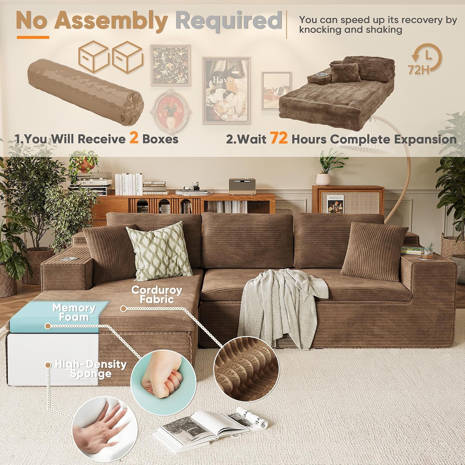 Homall 109' Boneless Couch with Memory Foam, Modular Sectional Sofa with L-Shape Chaise, Cloud Couch with Deep Seat, Dual Cup Holders & Side Pockets, No Assembly Required (Brown)