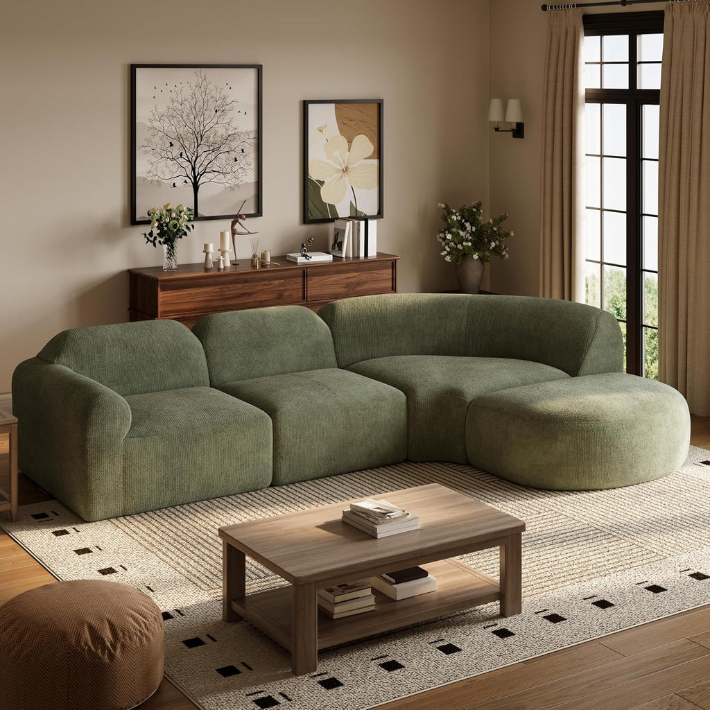 Merax Modern Curved Sectional Sofa with Ottoman, Couch 4-Piece Set High-Density Compressed Sponge, Fully Assembled, Right Hand Facing, Plush Deep Seat for Living Room, Lounge, Apartment, Green