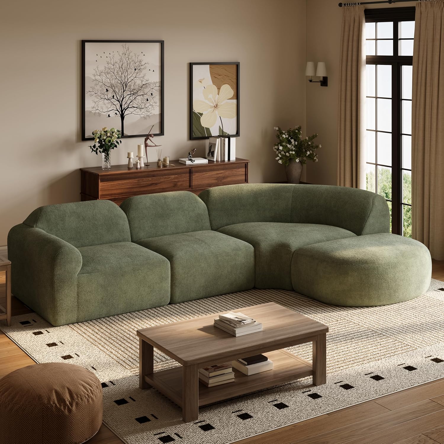 Merax Modern Curved Sectional Sofa with Ottoman, Couch 4-Piece Set High-Density Compressed Sponge, Fully Assembled, Right Hand Facing, Plush Deep Seat for Living Room, Lounge, Apartment, Green