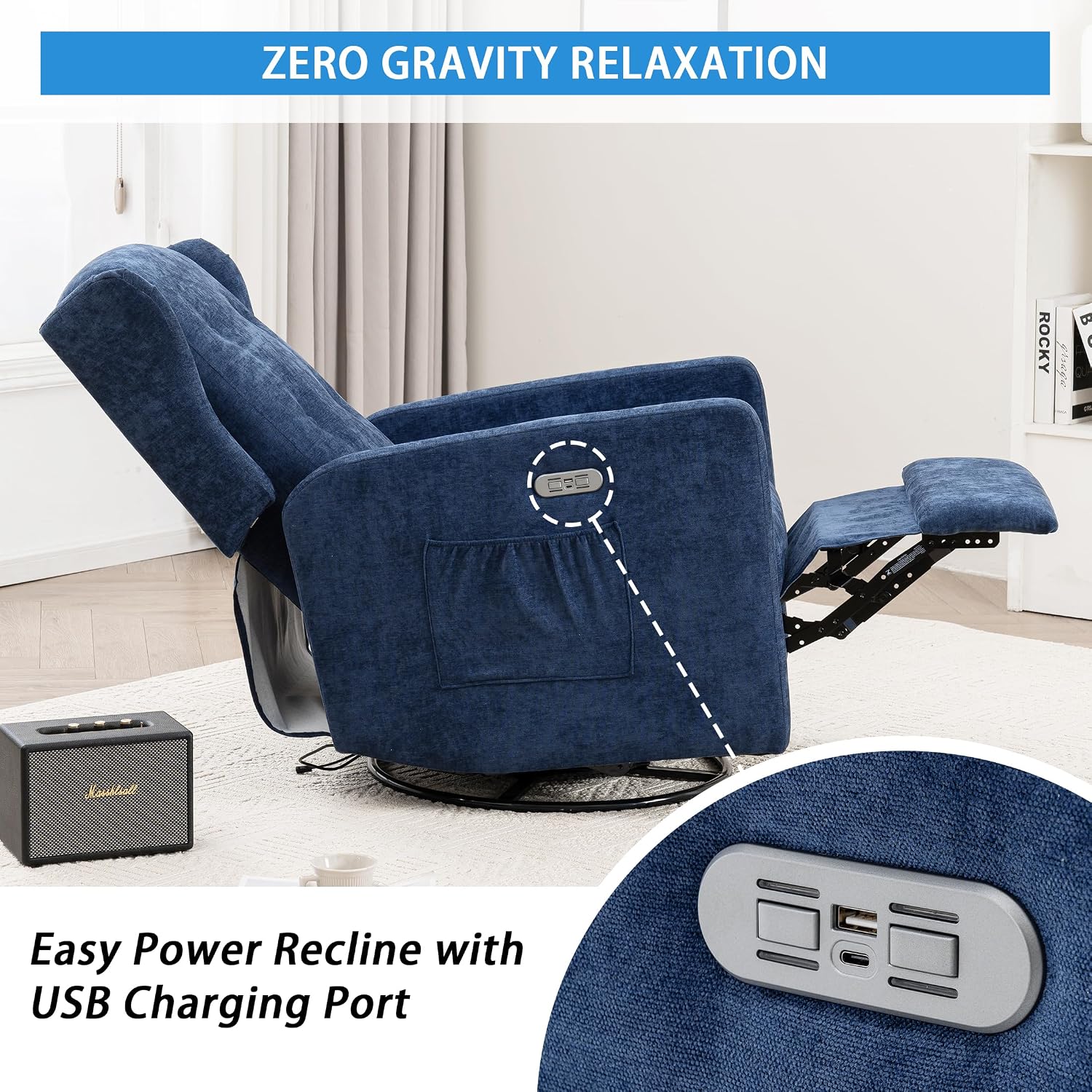 Swivel Rocker Power Recliner Chair for Nursery, 270° Swivel Glider Recliner with USB & Type-C Charging, Electric Reclining Chair with Storage Pockets, Upholstered Recliner for Living Room (NavyBlue)