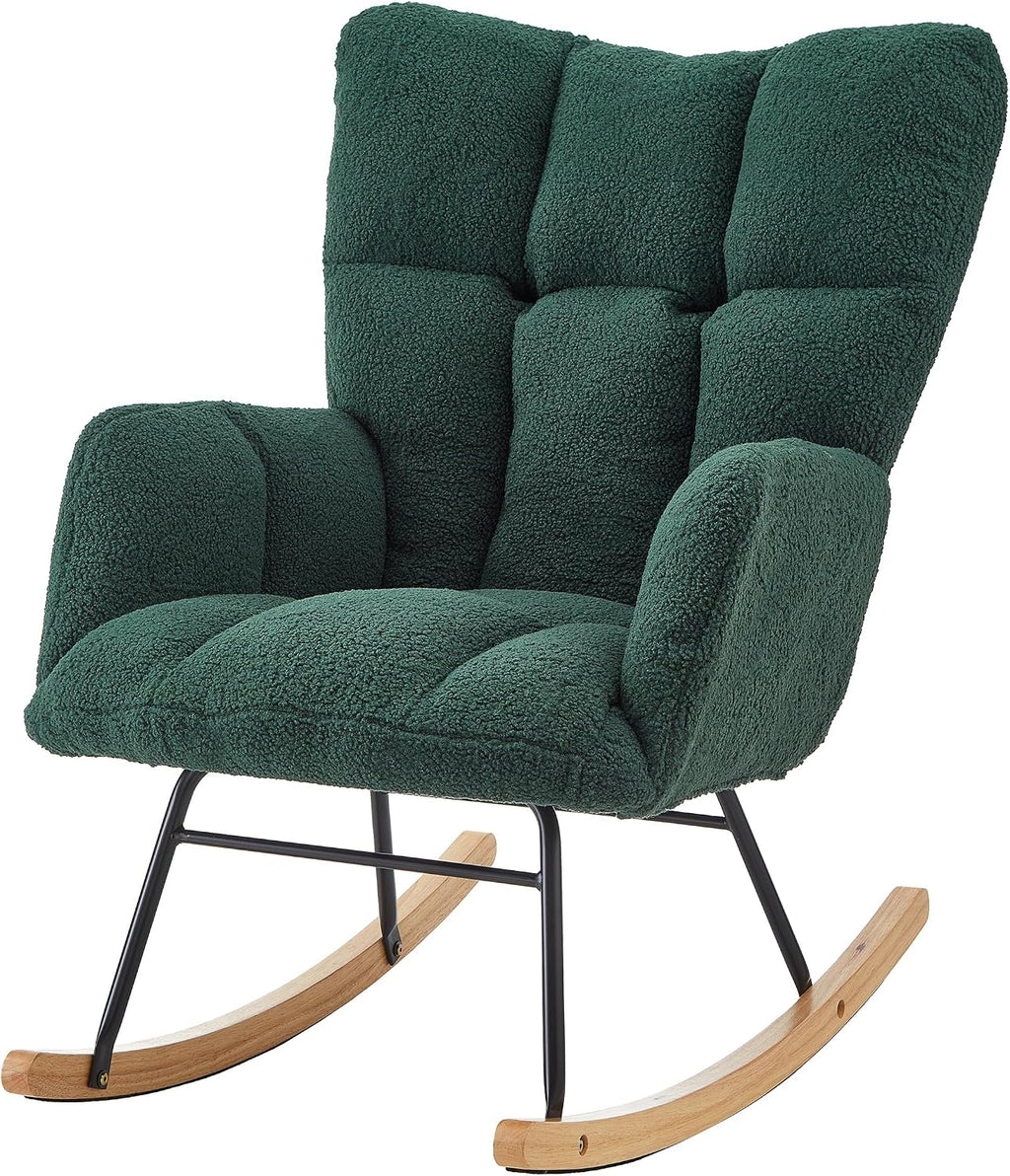 Glider Chair for Living Room & Nursery, Tufted Upholstered Teddy Rocking Chair with High Backrest & Stable Metal Frame, 300lbs Capacity, Comfy Rocker Glider for Adults & Kids, Office & Bedroom(Green)