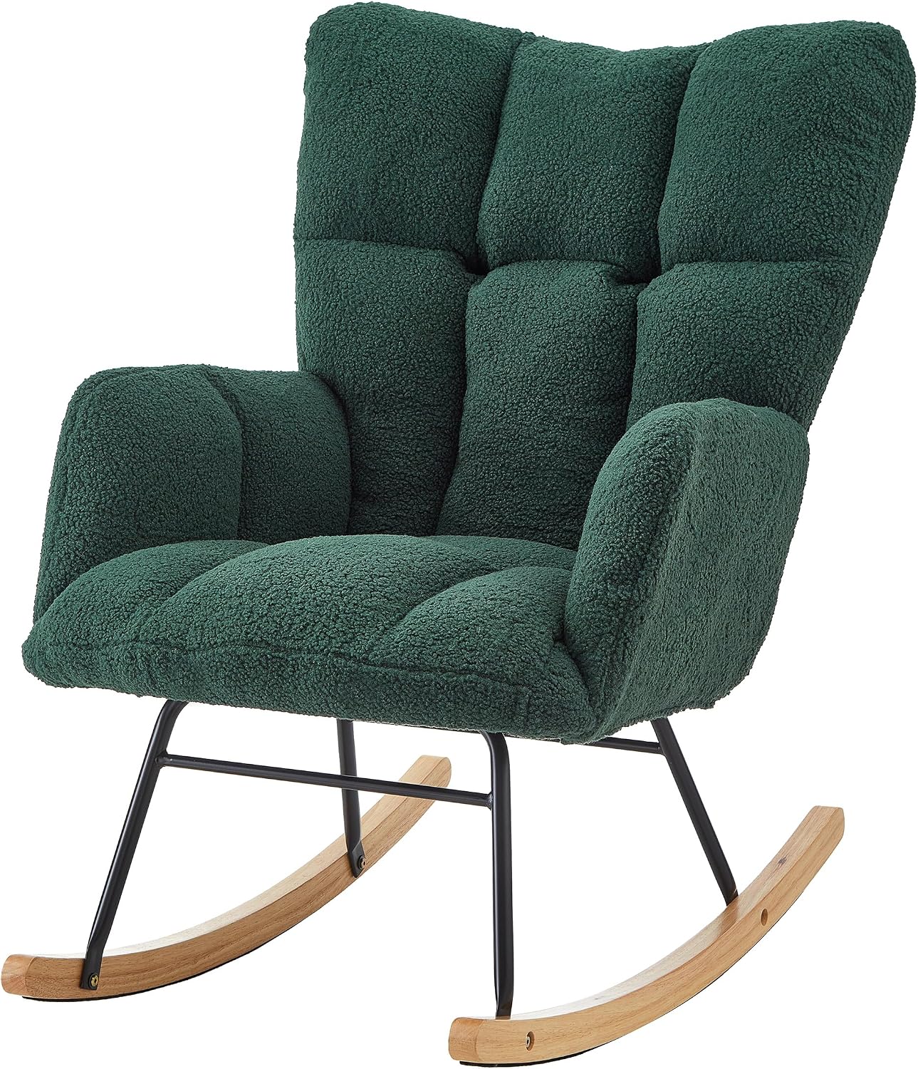 Glider Chair for Living Room & Nursery, Tufted Upholstered Teddy Rocking Chair with High Backrest & Stable Metal Frame, 300lbs Capacity, Comfy Rocker Glider for Adults & Kids, Office & Bedroom(Green)