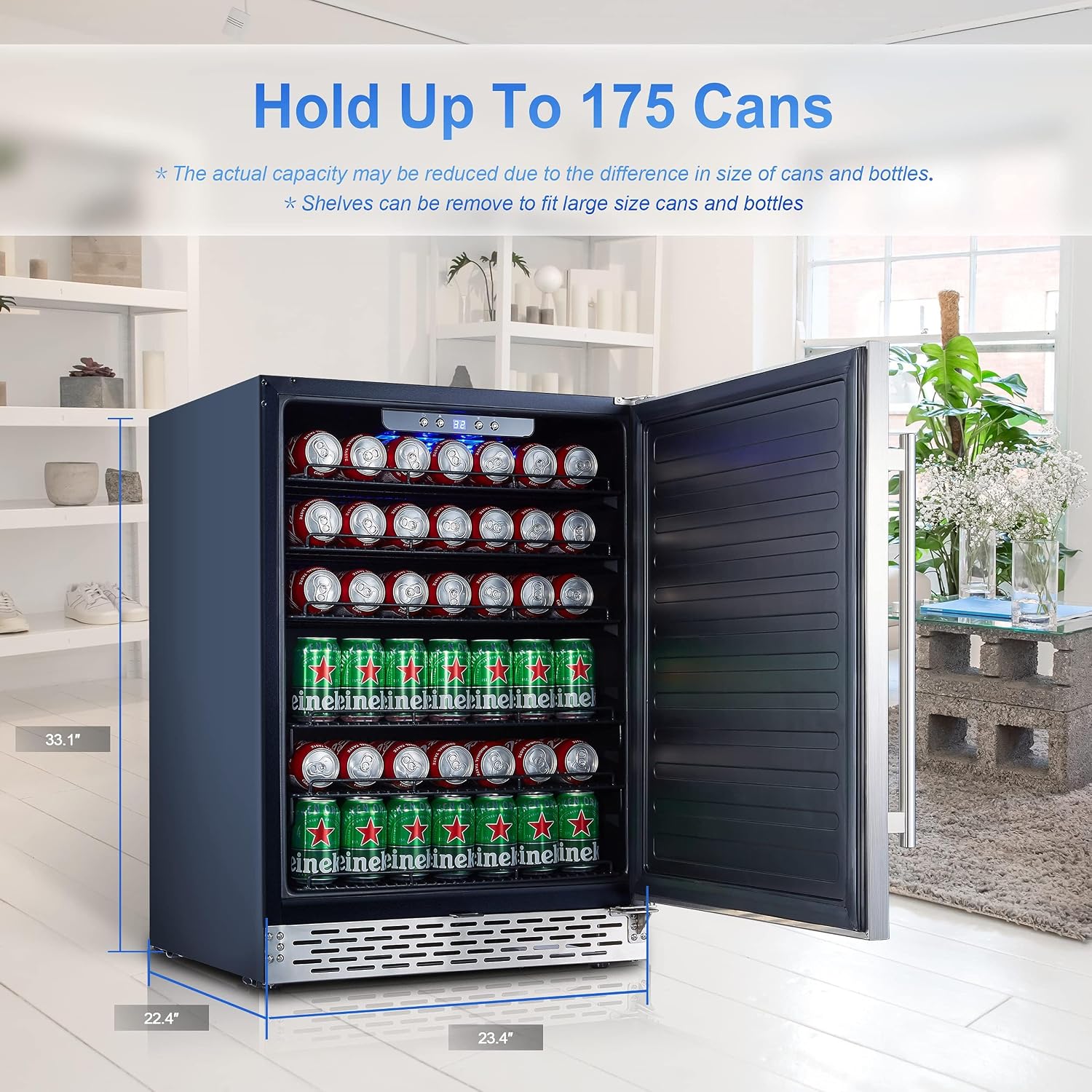 Phiestina Beverage Refrigerator 24Inch, 175 Cans Indoor/Outdoor Undercounter Beverage Cooler Refrigerator Stainless Steel Beer Fridge with Safety Lock Built-in/Freestanding-Silver Foam Door