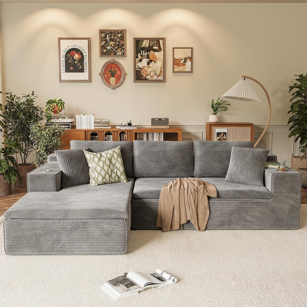 Homall 109' Boneless Couch with Memory Foam, Modular Sectional Sofa with L-Shape Chaise, Cloud Couch with Deep Seat, Dual Cup Holders & Side Pockets, No Assembly Required (Gray)