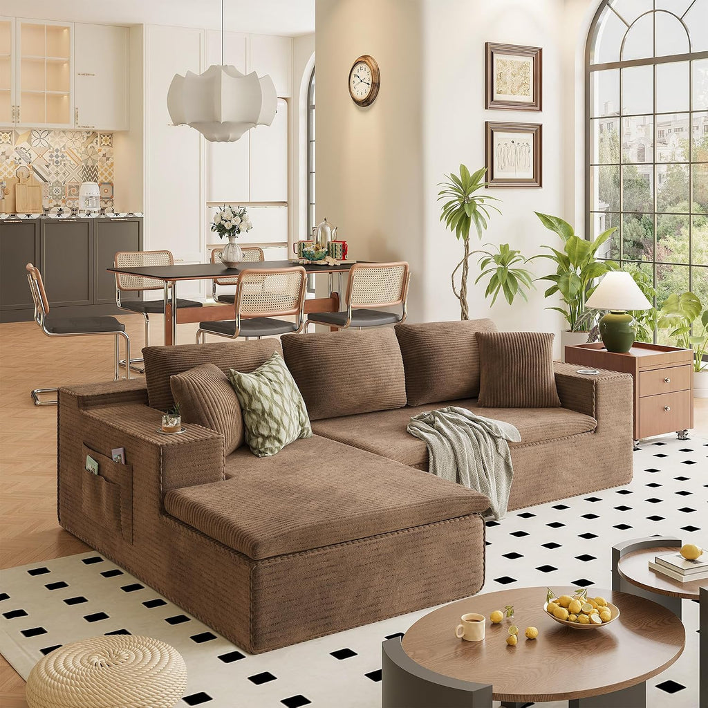 Homall 109' Boneless Couch with Memory Foam, Modular Sectional Sofa with L-Shape Chaise, Cloud Couch with Deep Seat, Dual Cup Holders & Side Pockets, No Assembly Required (Brown)