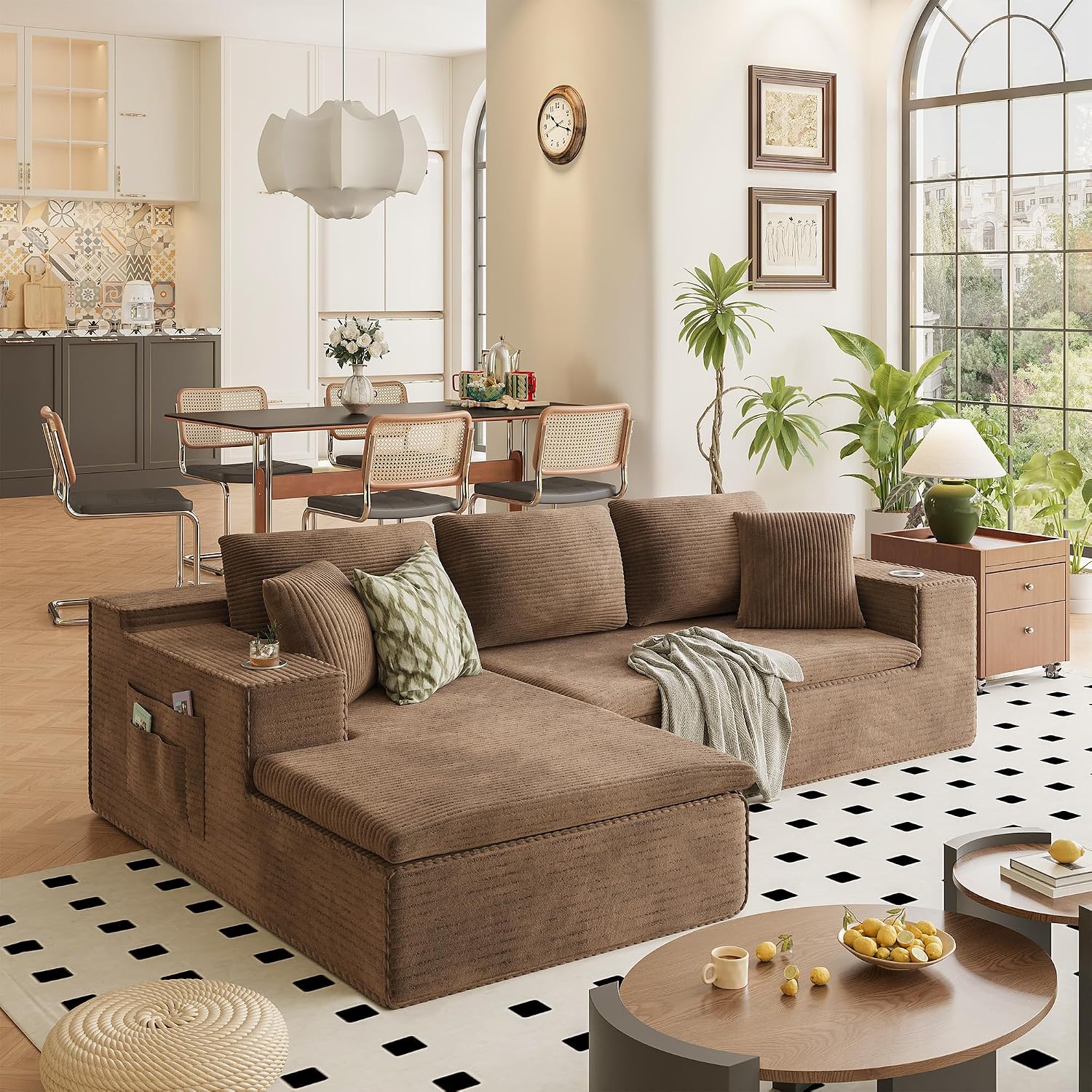 Homall 109' Boneless Couch with Memory Foam, Modular Sectional Sofa with L-Shape Chaise, Cloud Couch with Deep Seat, Dual Cup Holders & Side Pockets, No Assembly Required (Brown)