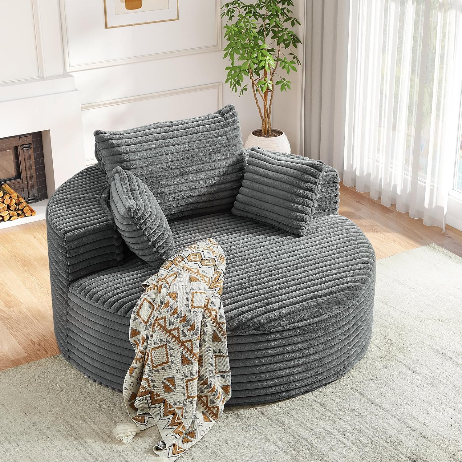 Oversized Round Chaise Longue Chair Indoor, Modern 55-inch Upholstered Corduroy Deep Seat Circle Single Cloud Lounge Floor Sofa Chair for Living Room, Bedroom Apartment, Grey