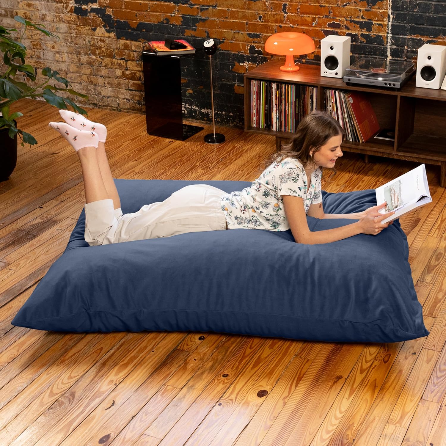Pillow Saxx Bean Bag Rocking Chair - Elegant Oversized Rocker with Modern Wood Frame, Lush Velvet Navy Blue