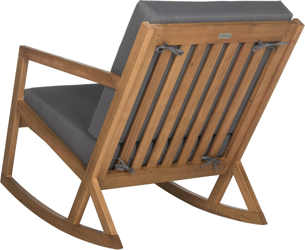 SAFAVIEH Outdoor - Vernon Rocking Chair - Natural & Grey - Solid Wood with Cushion - Shaker-Inspired Slatted Design - Ideal for Patio, Deck, Porch, Backyard, 24.6' Seat Height (PAT7013D)
