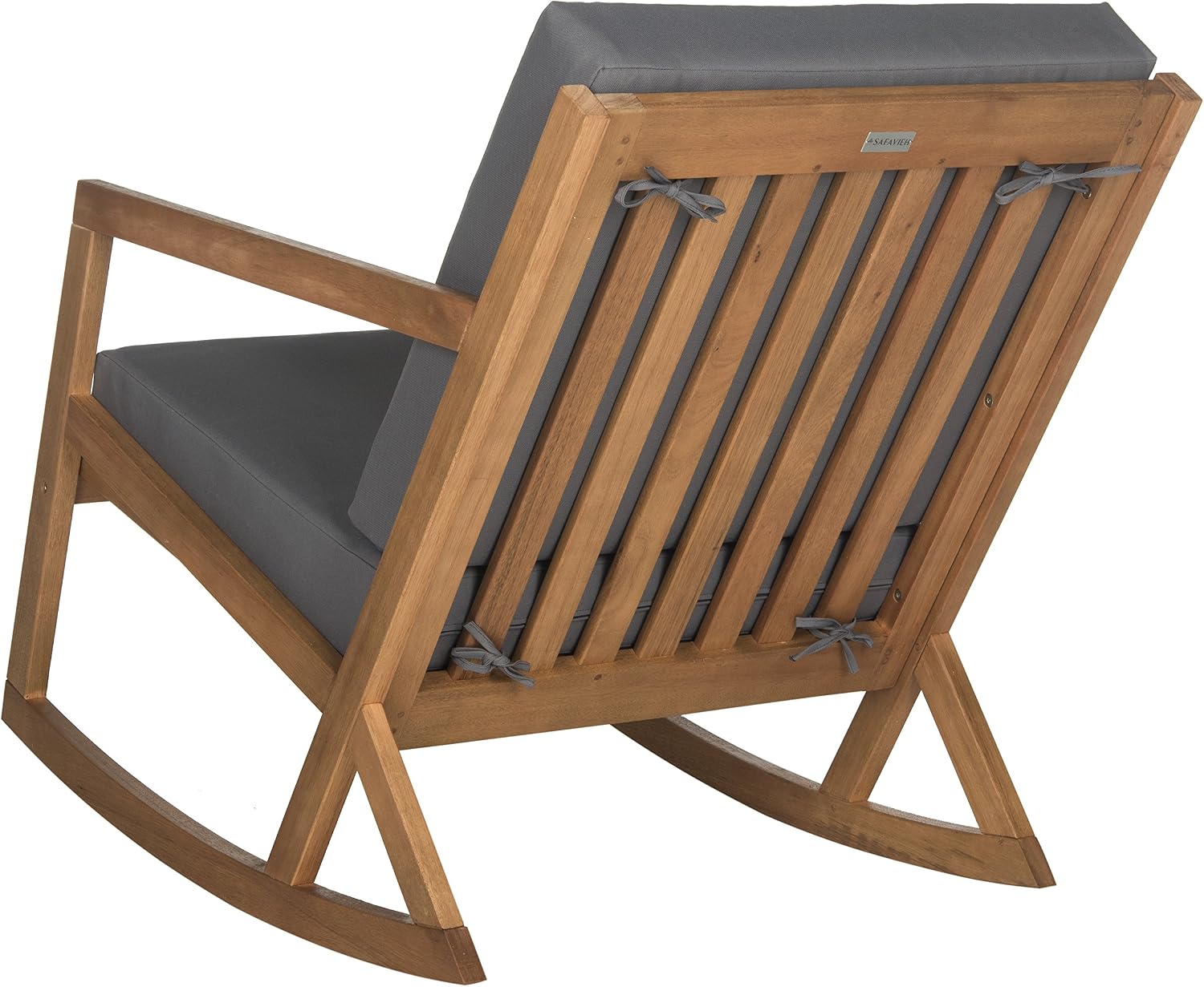 SAFAVIEH Outdoor - Vernon Rocking Chair - Natural & Grey - Solid Wood with Cushion - Shaker-Inspired Slatted Design - Ideal for Patio, Deck, Porch, Backyard, 24.6' Seat Height (PAT7013D)