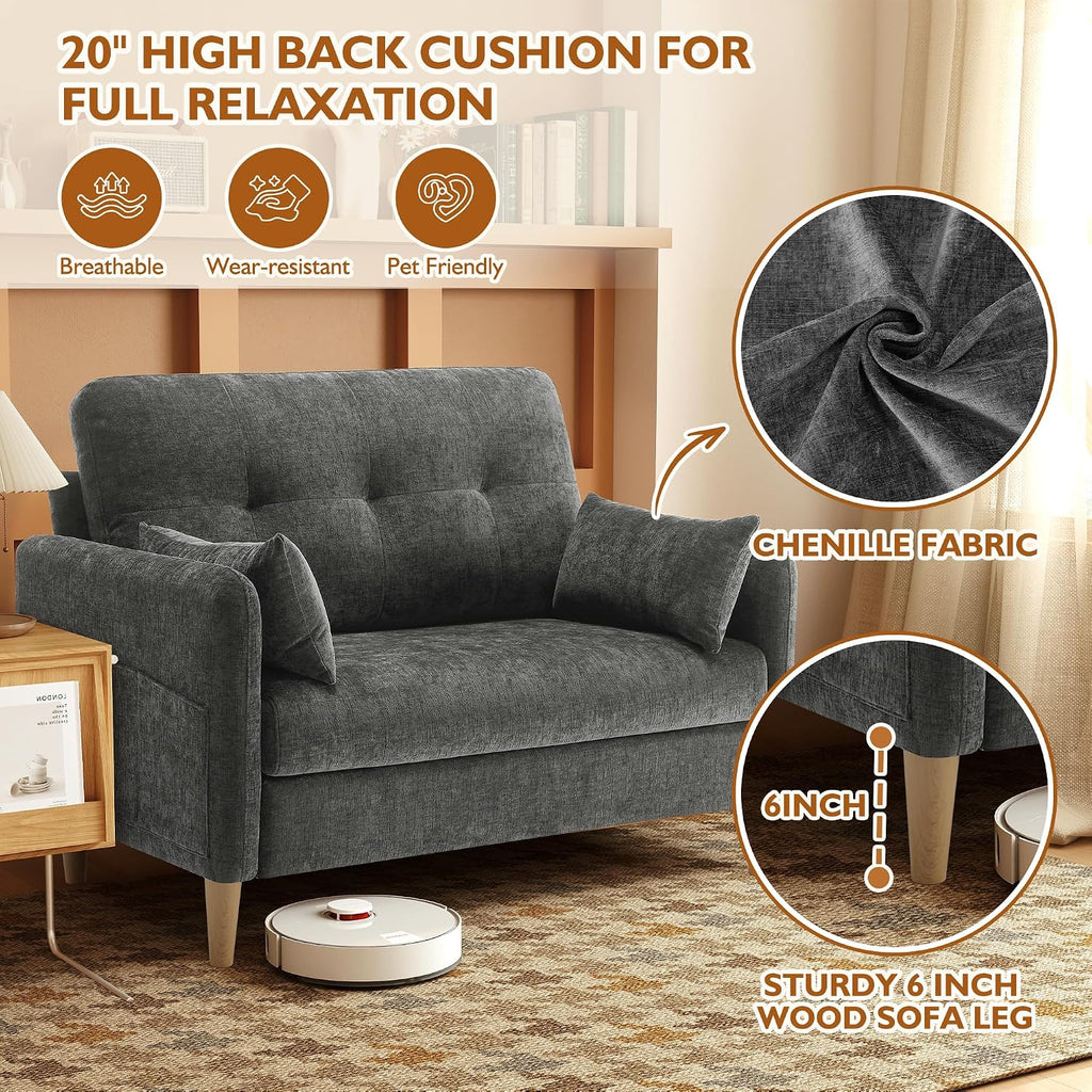 Urhanherry 47' Small Sofa Couch for Bedroom, Soft Chenille loveseat Mini Couch with Throw Pillow and Removable Cushion Cover for Small Spaces, Living Room, Apartment, Dorm, Office(Dark Grey)