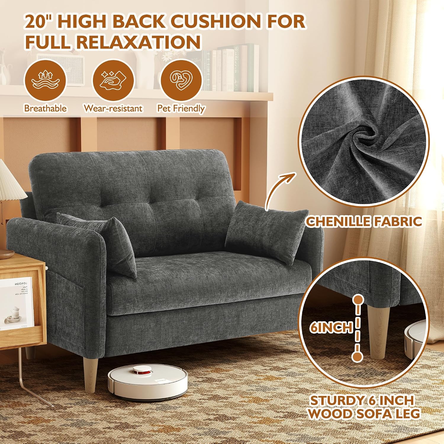 Urhanherry 47' Small Sofa Couch for Bedroom, Soft Chenille loveseat Mini Couch with Throw Pillow and Removable Cushion Cover for Small Spaces, Living Room, Apartment, Dorm, Office(Dark Grey)