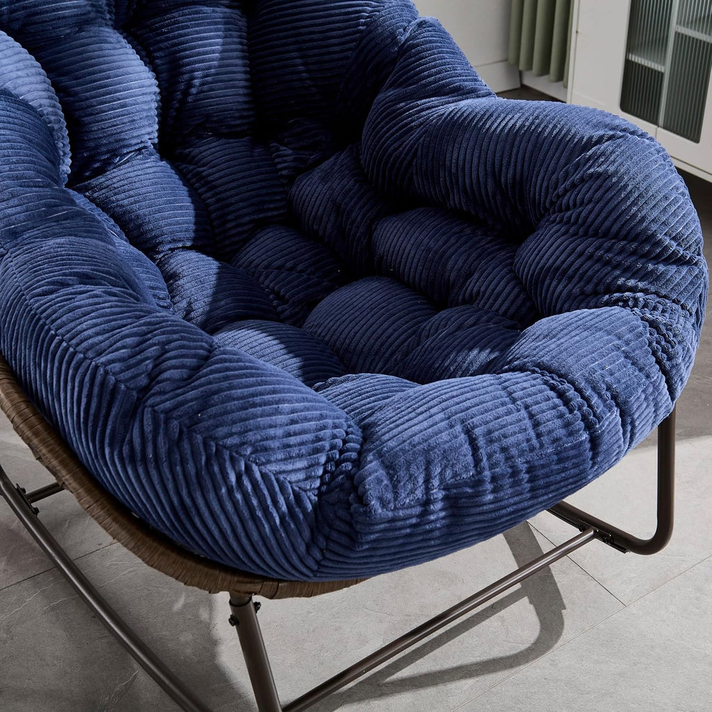 Ball & Cast Outdoor Patio Rocking Chair,Oversized Papasan Egg Chair with E-Coated,Padded Cushion,Recliner Chair for Front Porch, Garden, Patio, Backyard,Navy Blue