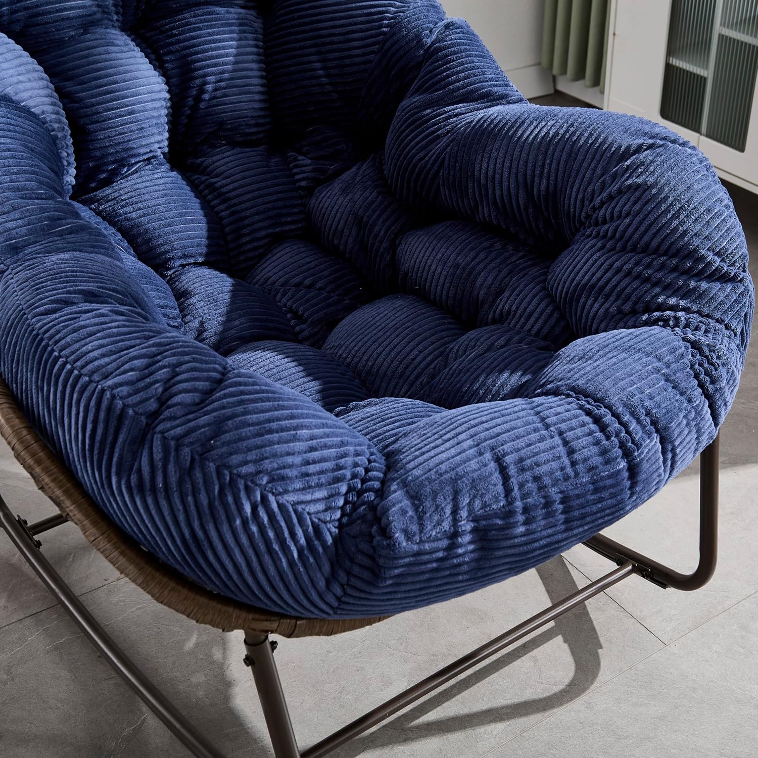 Ball & Cast Outdoor Patio Rocking Chair,Oversized Papasan Egg Chair with E-Coated,Padded Cushion,Recliner Chair for Front Porch, Garden, Patio, Backyard,Navy Blue