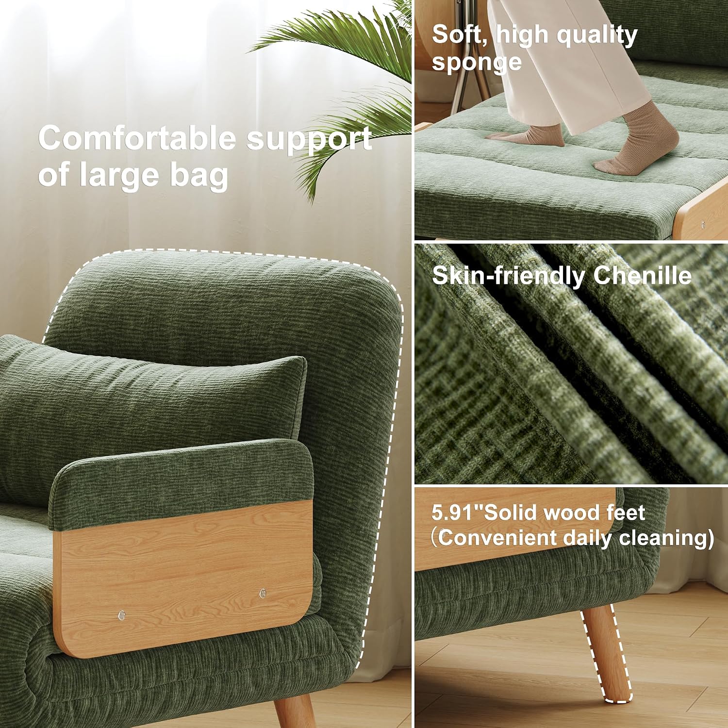 Convertible Lounger Fold-Out Sofa Bed, 3-in-1 Sleeper Sofa，Adjustable Backrest, Modern-Style Sofa for Small Spaces, Bedrooms & Offices(Green,35.43)