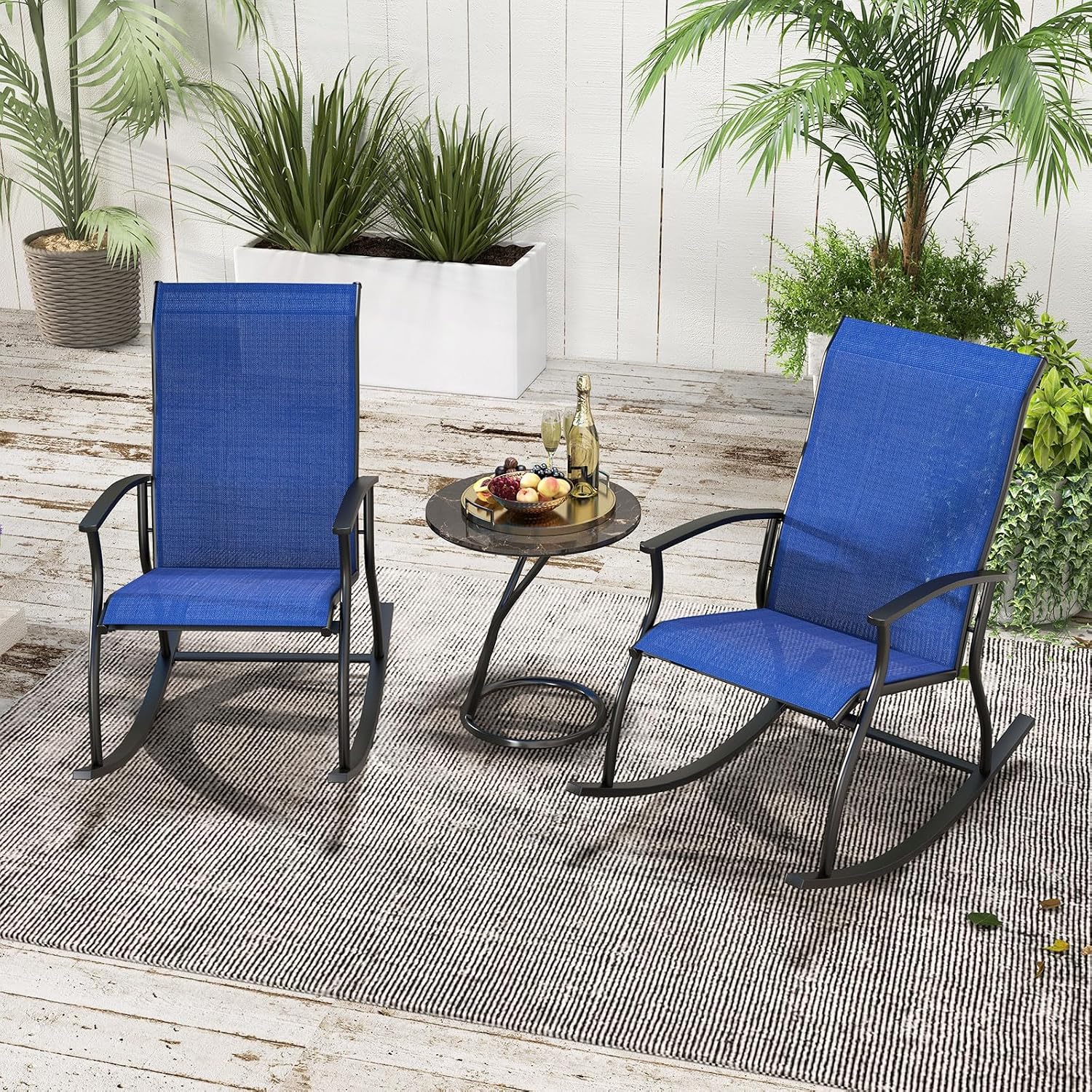 Tangkula Patio Rocking Chairs Set of 2, Outdoor Rocking Chair with Smooth & Safe Rocking Motion, Ergonomic Backrest, Breathable Fabric, All-Weather Outdoor Rocker for Backyard, Poolside (1, Navy)