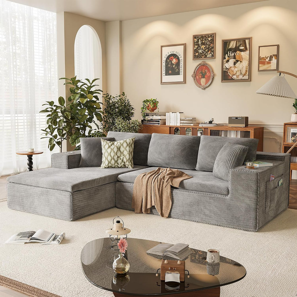 Homall 109' Boneless Couch with Memory Foam, Modular Sectional Sofa with L-Shape Chaise, Cloud Couch with Deep Seat, Dual Cup Holders & Side Pockets, No Assembly Required (Gray)