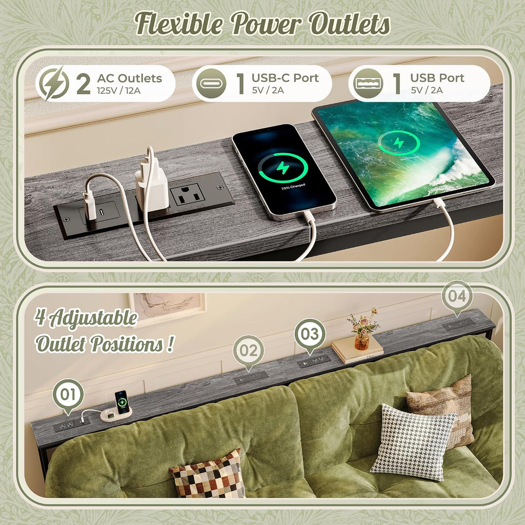 Huuger 102.4 Inch Sofa Table with Power Outlets, 23.9''-34.4'' Height Adjustable Range, Behind Couch Table with USB-C Ports, Sofa Tables Narrow Long, Skinny Console Table, for Small Spaces, Grey