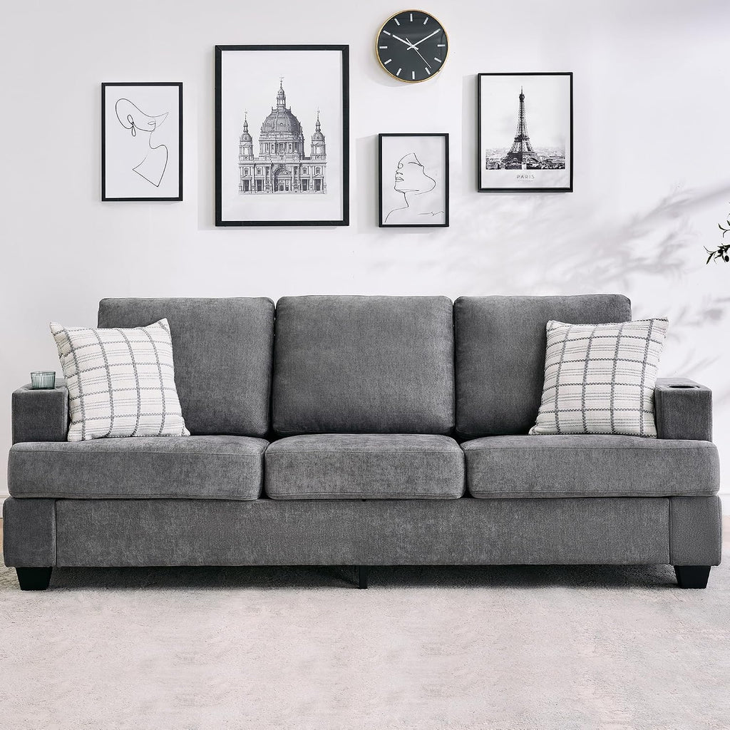 Garvee Modern 89' 3-Seater Sofa for Living Room, Comfy Couches with Deep Seat, Chenille Sofa with Cup Holders and Side Storage Pockets for Apartment Lounge, Grey