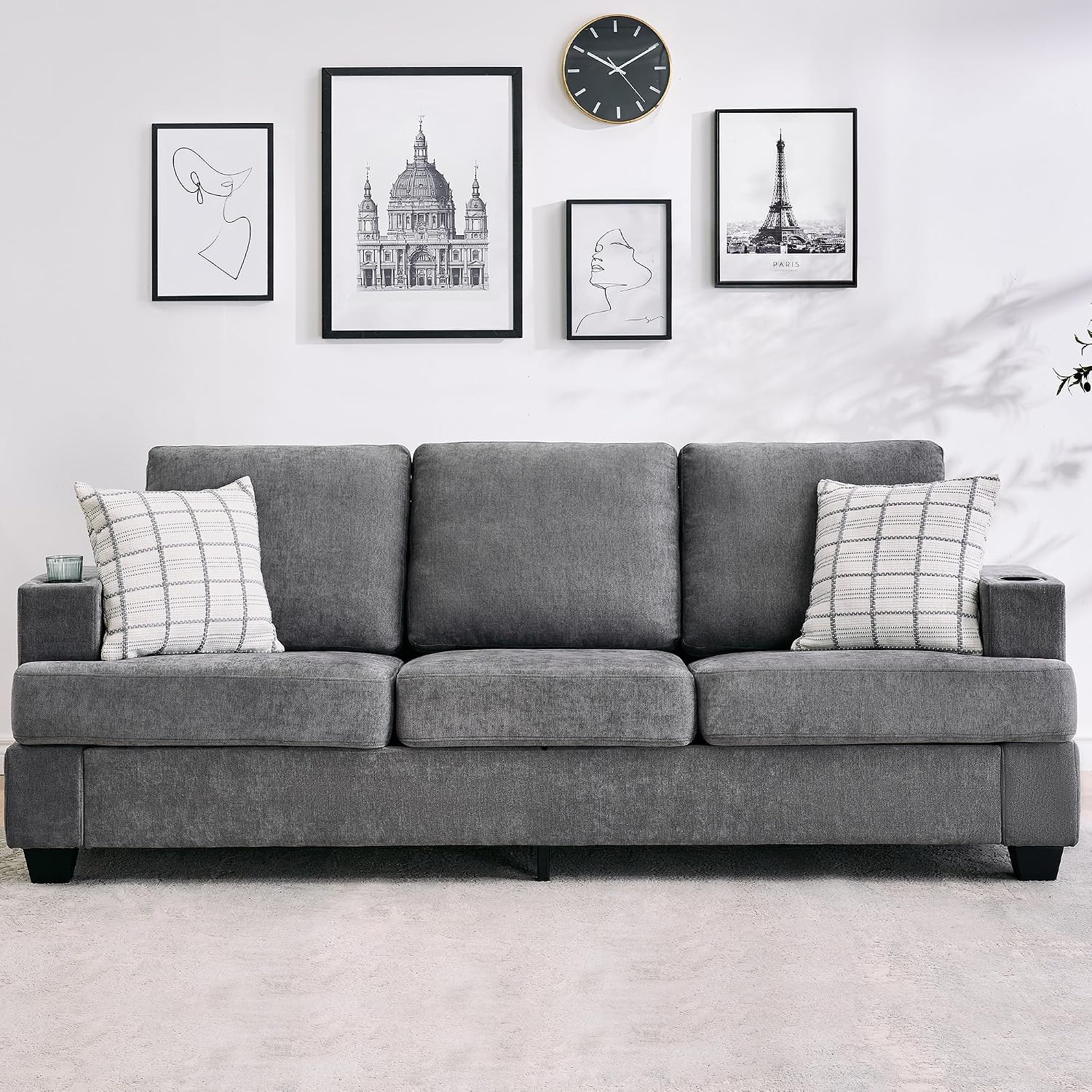 Garvee Modern 89' 3-Seater Sofa for Living Room, Comfy Couches with Deep Seat, Chenille Sofa with Cup Holders and Side Storage Pockets for Apartment Lounge, Grey