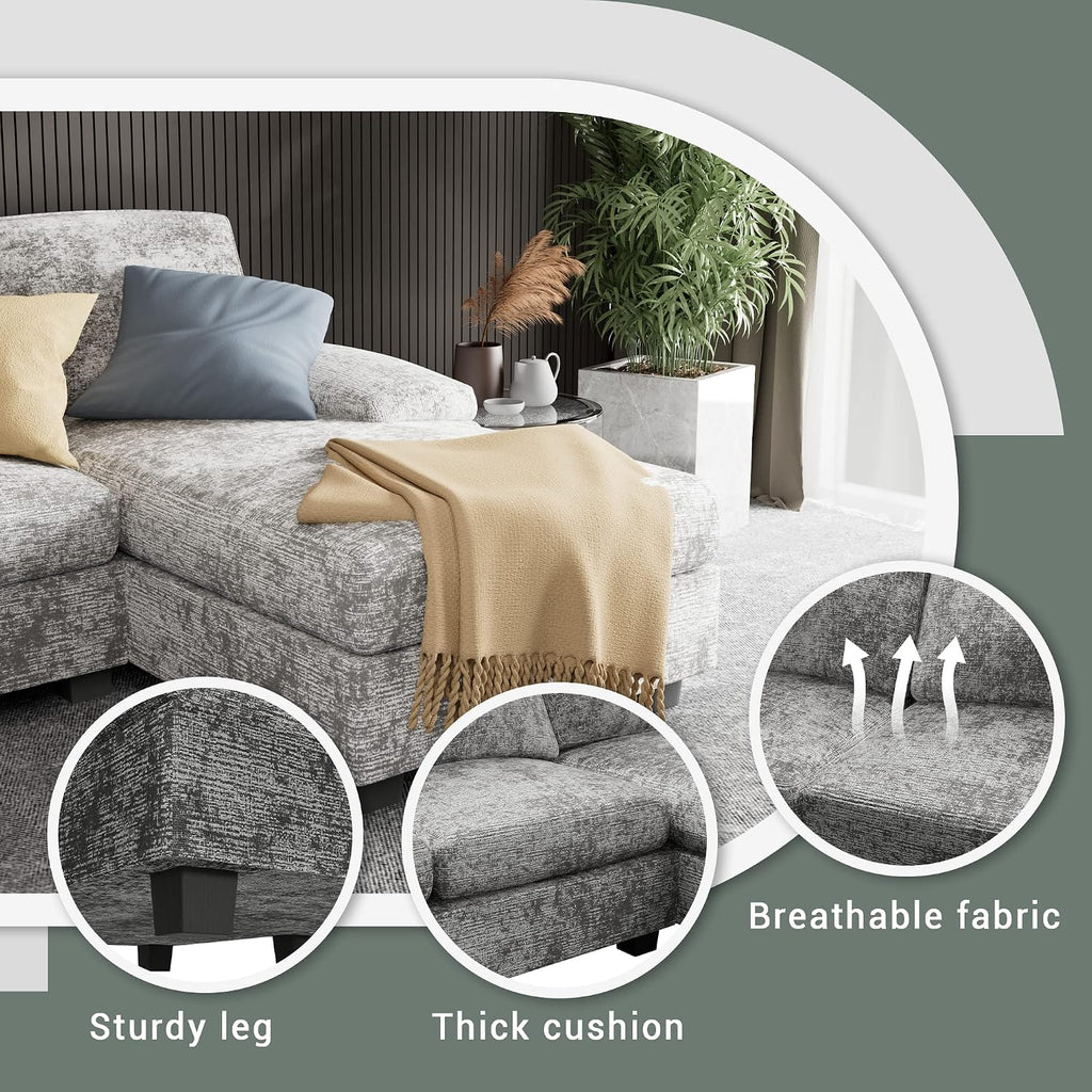 Furniwell Convertible Sectional Sofa Couch, 4 Seat Sofa Set for Living Room U-Shaped Modern Fabric Modular Sofa Sleeper with Double Chaise & Memory Foam (Fabric, Grey)