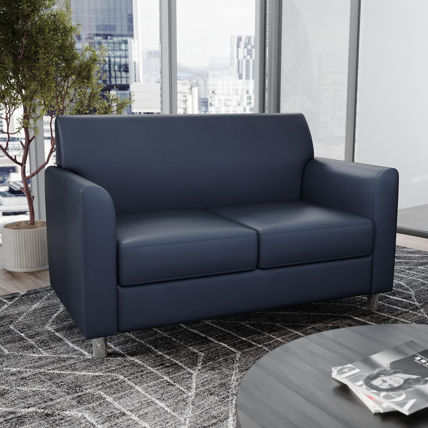 Flash Furniture Hercules Diplomat Side Reception Loveseat with Chrome Legs, Lobby Chair with Cushions and Flared Arms, Navy LeatherSoft