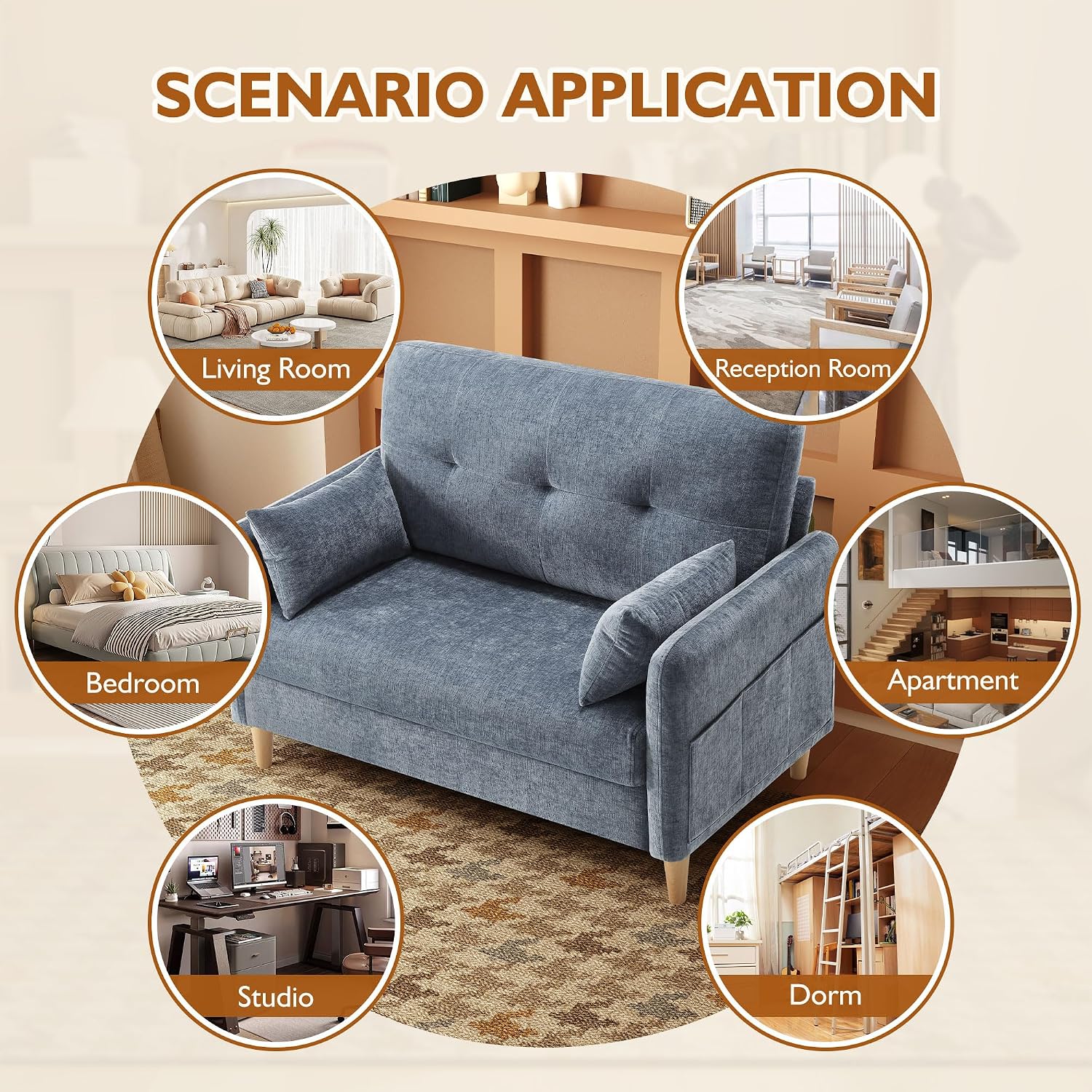 Urhanherry 47' Small Sofa Couch for Bedroom, Soft Chenille loveseat Mini Couch with Throw Pillow and Removable Cushion Cover for Small Spaces, Living Room, Apartment, Dorm, Office(Blue Grey)