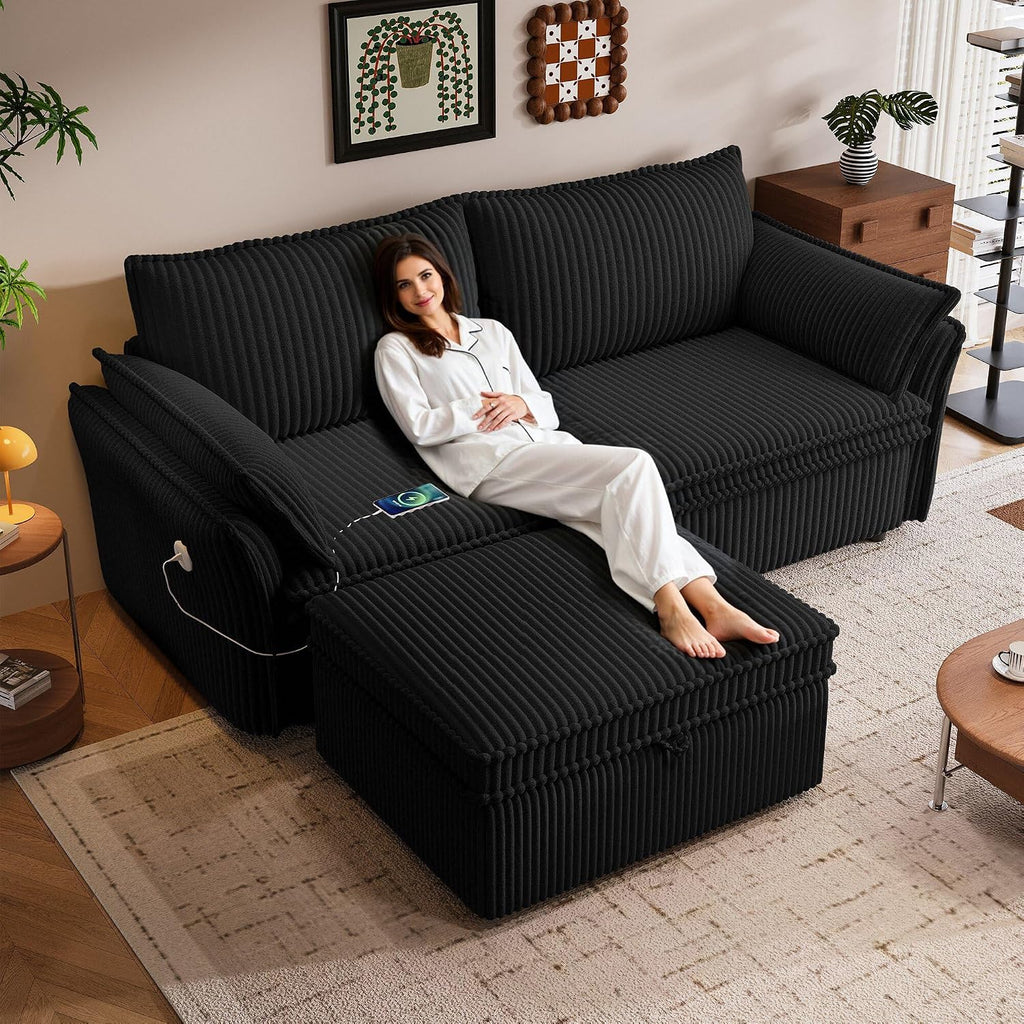 85' Convertible Sofa Bed with Storage Ottoman, Plush Corduroy Fabric Loveseat Pull Out Couch with Adjustable Backrest and USB Charger, 2 Soft Pillows, Couch Bed for Living Room, Small Space,Black