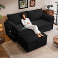 85' Convertible Sofa Bed with Storage Ottoman, Plush Corduroy Fabric Loveseat Pull Out Couch with Adjustable Backrest and USB Charger, 2 Soft Pillows, Couch Bed for Living Room, Small Space,Black