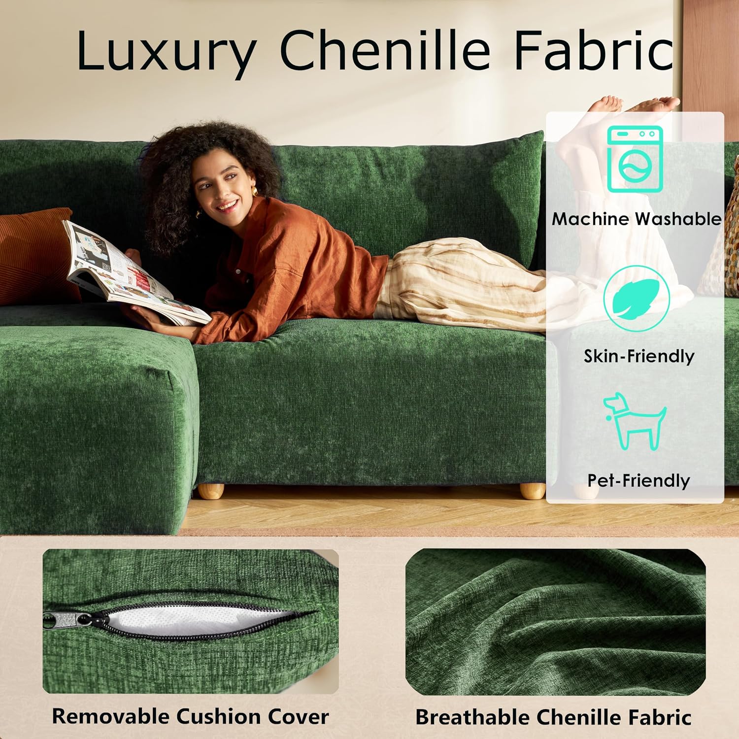 LINSY HOME Oversized Loveseat, 91' Deep Seat Cloud Couch Loveseat 2-Seater Sofa Sectionals for Living Room Bedroom, Cozy Couch Luxury Chenille Sofas, Green