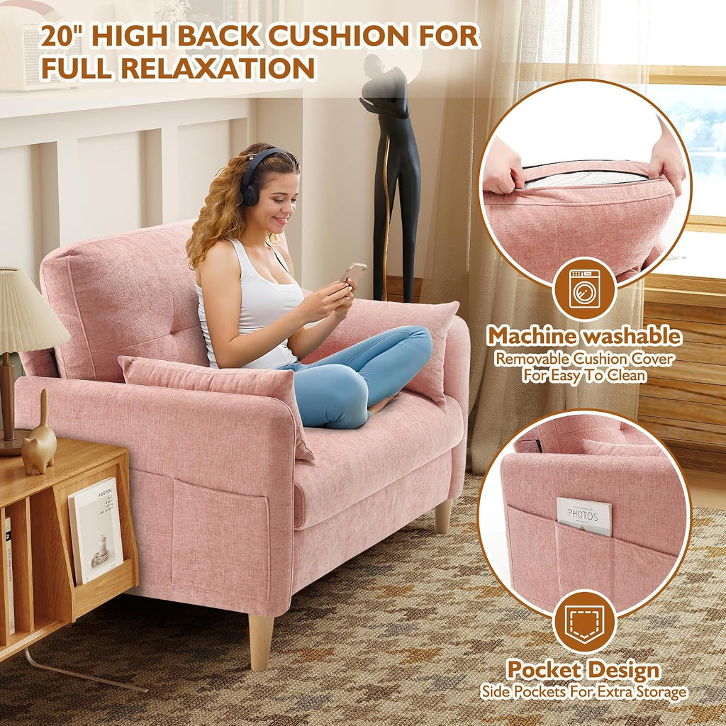 Urhanherry 47' Small Sofa Couch for Bedroom, Soft Chenille loveseat Mini Couch with Throw Pillow and Removable Cushion Cover for Small Spaces, Living Room, Apartment, Dorm, Office(Pink)