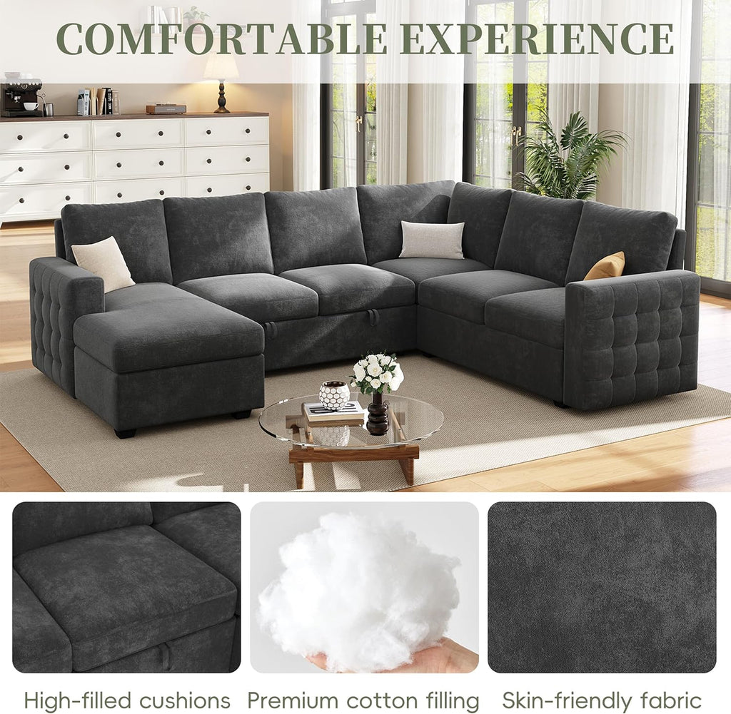 104' Sectional Sleeper Sofa Bed, Pull Out Couch with Storage, Modular Cloud Sofa with Chaise, 7 Seat U Shaped Sectional Couches for Living Room& Apartment, Convertible Sofas, Gray Couch