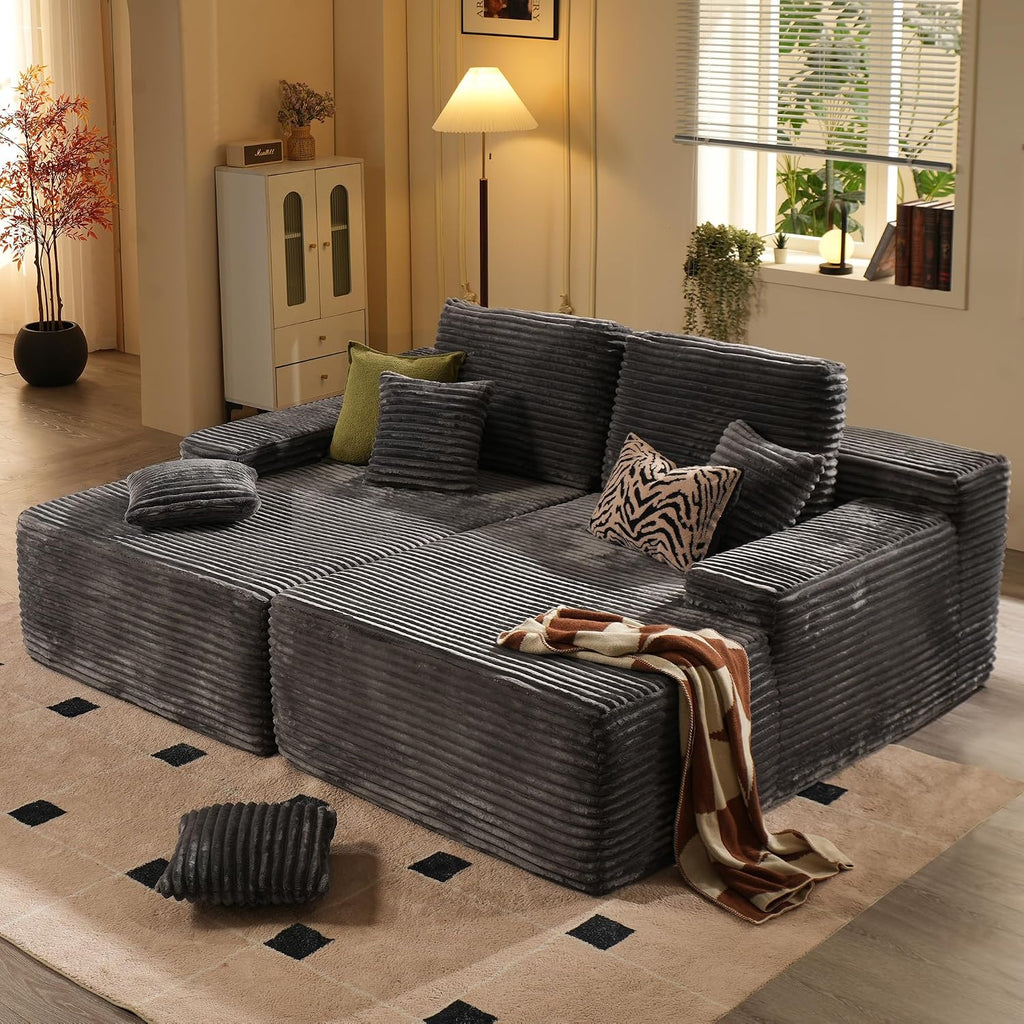 ovios 75' Oversized Sectional Double Lounge Chaise with Cloud Plush Sofa Bed, No Assembly Required, Fluffy Modern Sleeper Loveseat Chair for Indoor Living Room Bedroom Reading, Grey