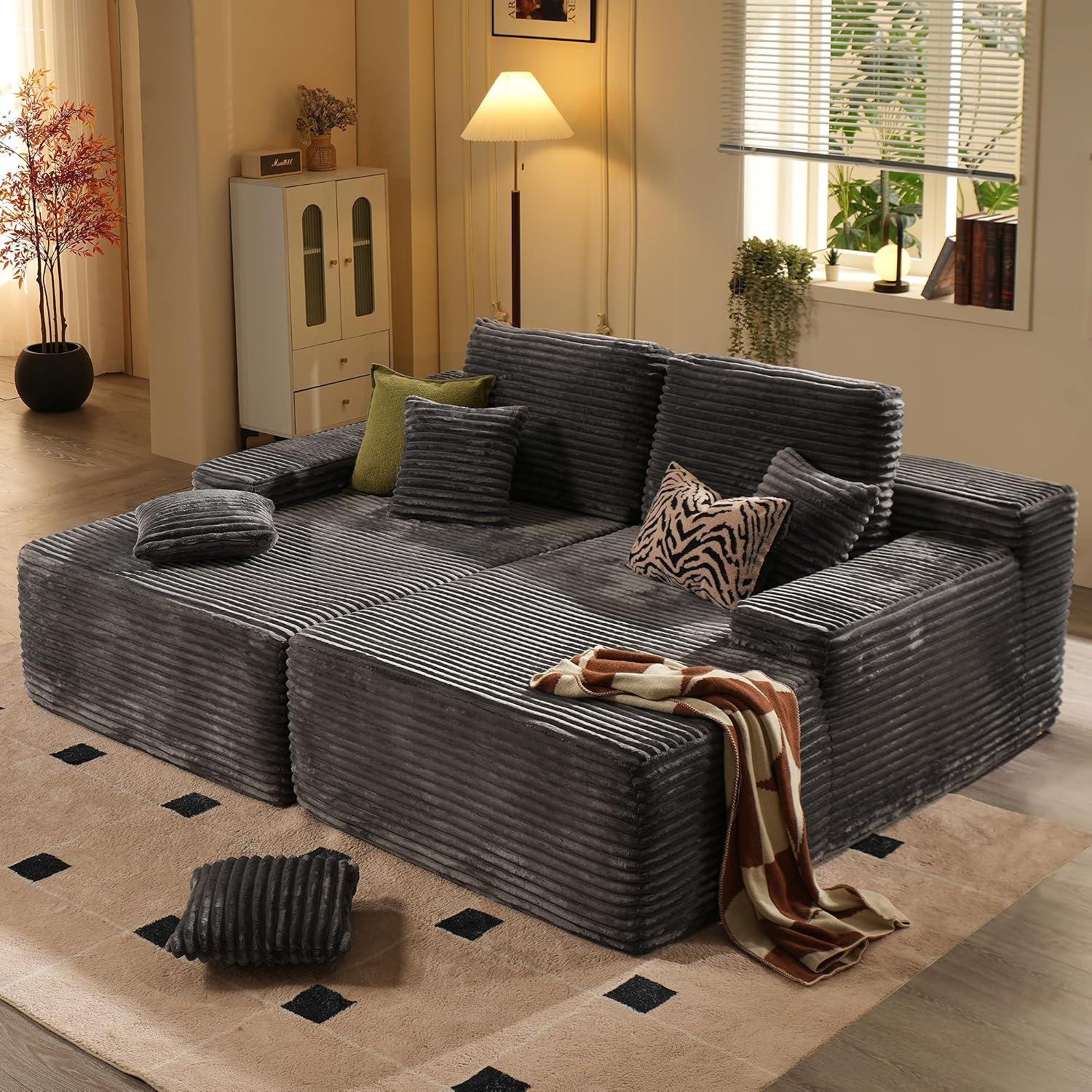 ovios 75' Oversized Sectional Double Lounge Chaise with Cloud Plush Sofa Bed, No Assembly Required, Fluffy Modern Sleeper Loveseat Chair for Indoor Living Room Bedroom Reading, Grey