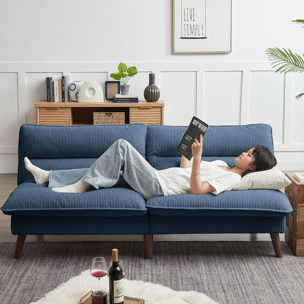 72' Futon Sofa Bed, Futon Couch with Adjustable Backrest, Recliner Small Loveseat for Living Room, Office, Apartment, Corduroy Loveseat, Blue