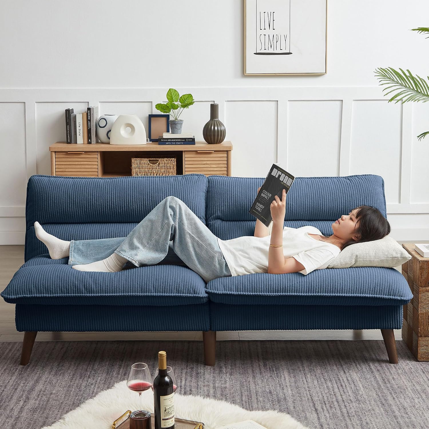 72' Futon Sofa Bed, Futon Couch with Adjustable Backrest, Recliner Small Loveseat for Living Room, Office, Apartment, Corduroy Loveseat, Blue