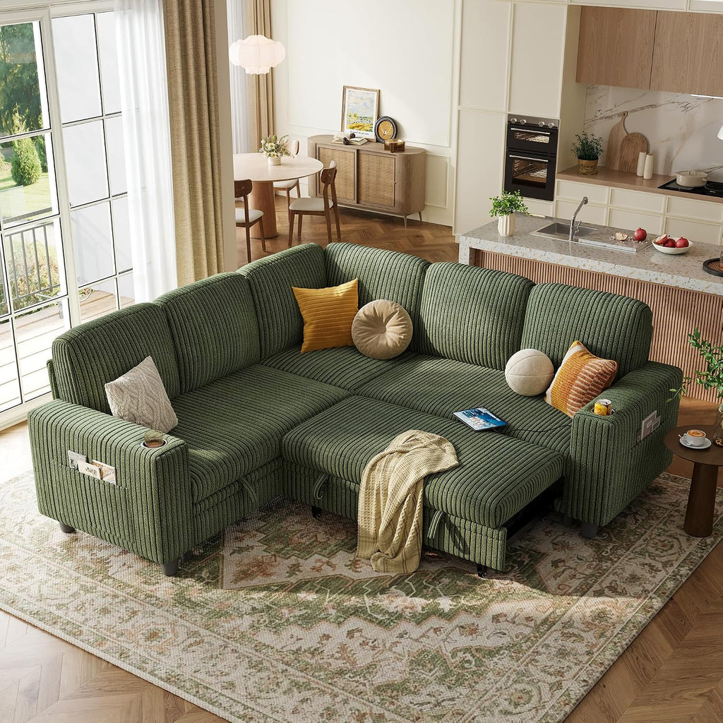 LINSY HOME Sectional Sleeper Sofa with Storage Chaise & USB Charging, Convertible Pull Out Couch Bed Plush Corduroy Modular Sectional Couches for Living Room Apartment (Green)