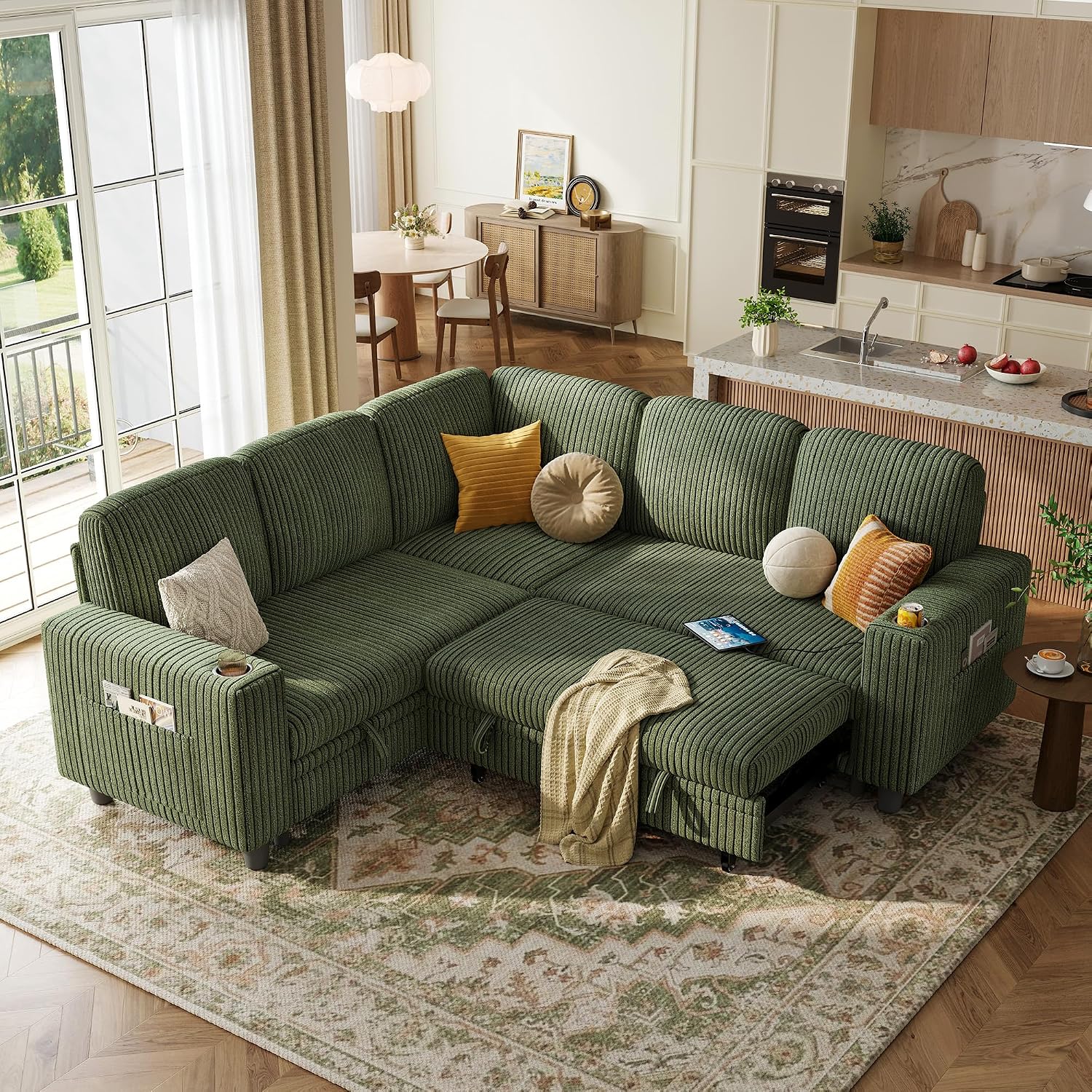 LINSY HOME Sectional Sleeper Sofa with Storage Chaise & USB Charging, Convertible Pull Out Couch Bed Plush Corduroy Modular Sectional Couches for Living Room Apartment (Green)