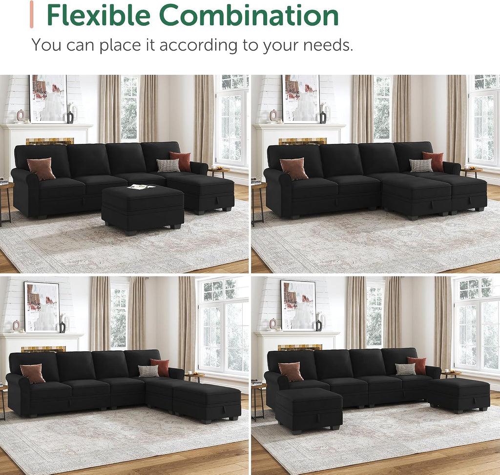 HONBAY Sectional Sofa with Storage Seat Velvet U Shaped Sectional Couch with Reversible Chaise Convertible Sectional Couches for Living Room,Black