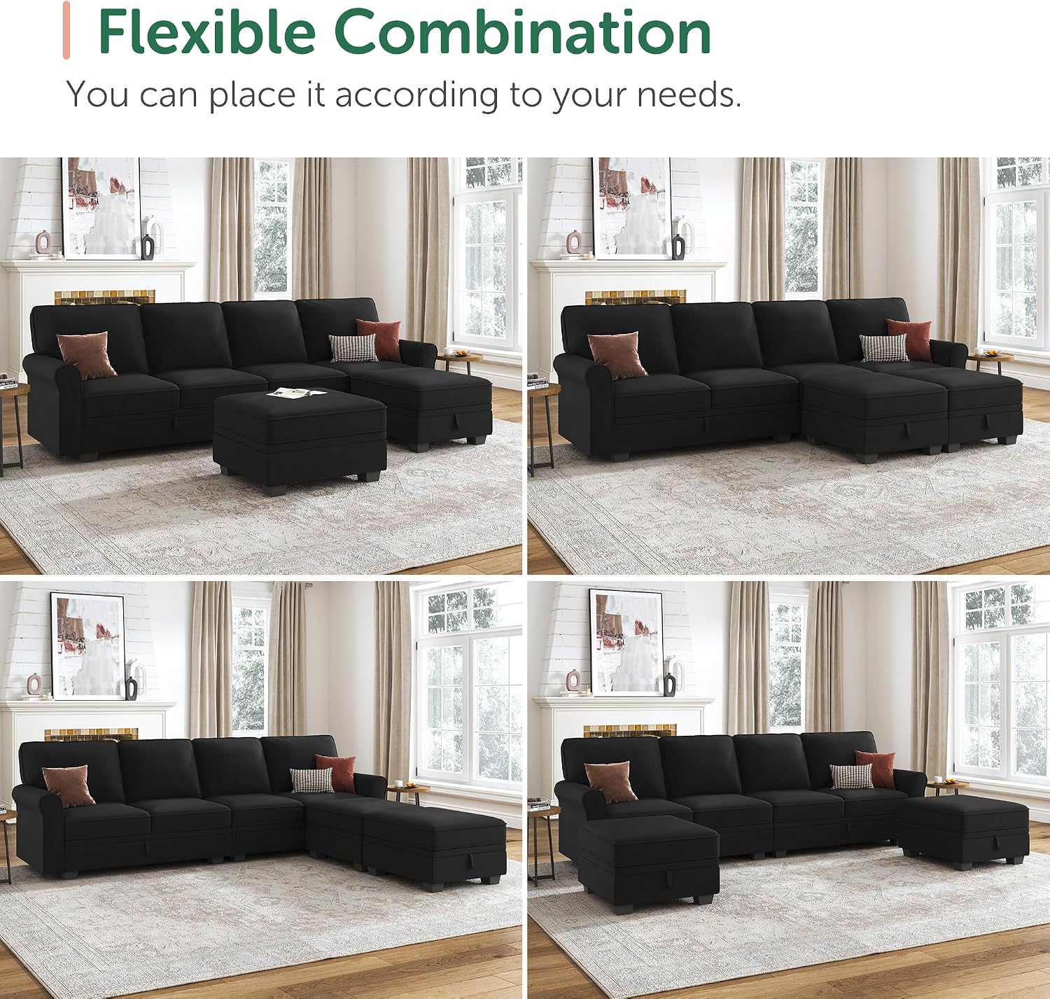 HONBAY Sectional Sofa with Storage Seat Velvet U Shaped Sectional Couch with Reversible Chaise Convertible Sectional Couches for Living Room,Black