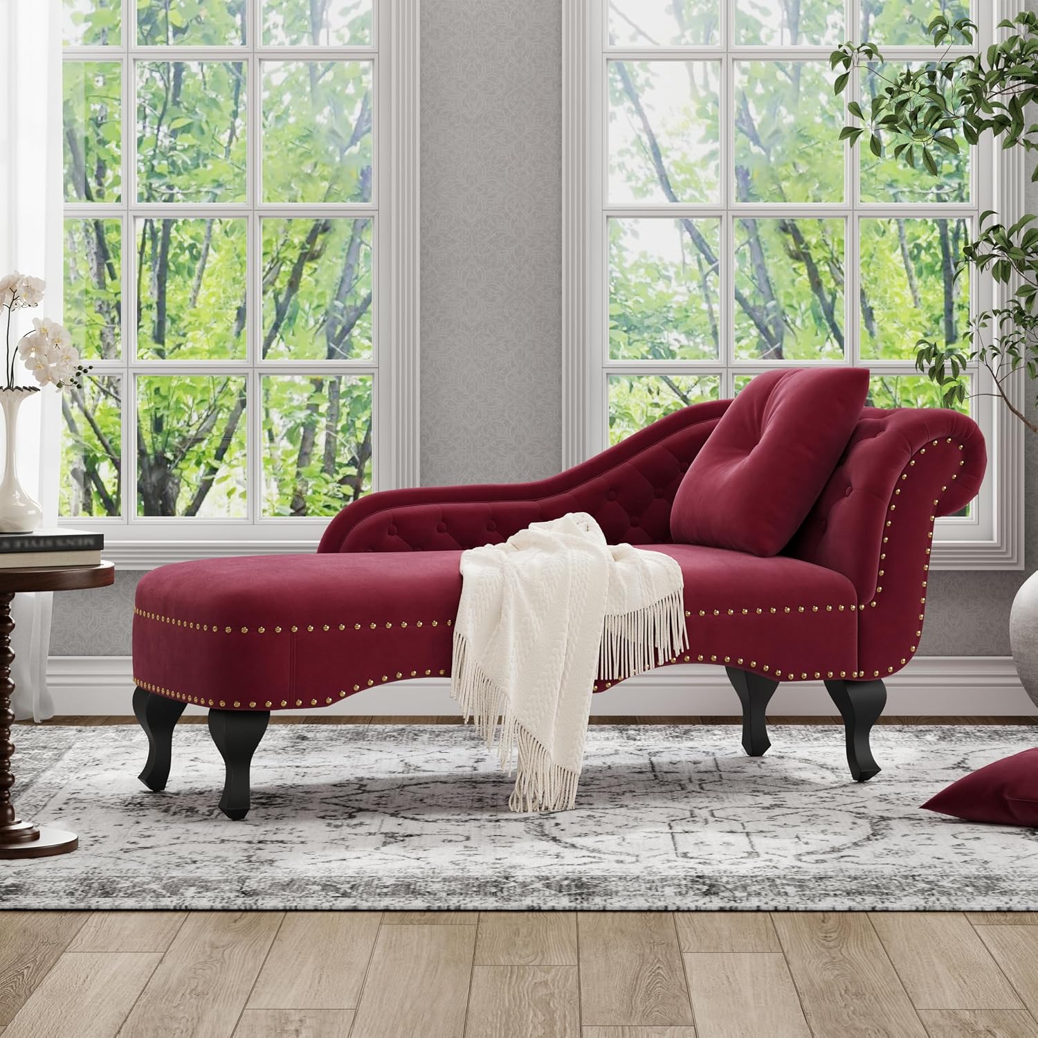 Merax 62'' Velvet Chaise Lounge Indoor with 1 Pillow and Nailhead Trim, Button Tufted Design Reclining Chair with Scrolled Backrest, Sleeper Sofa for Bedroom, Living Room or Office,