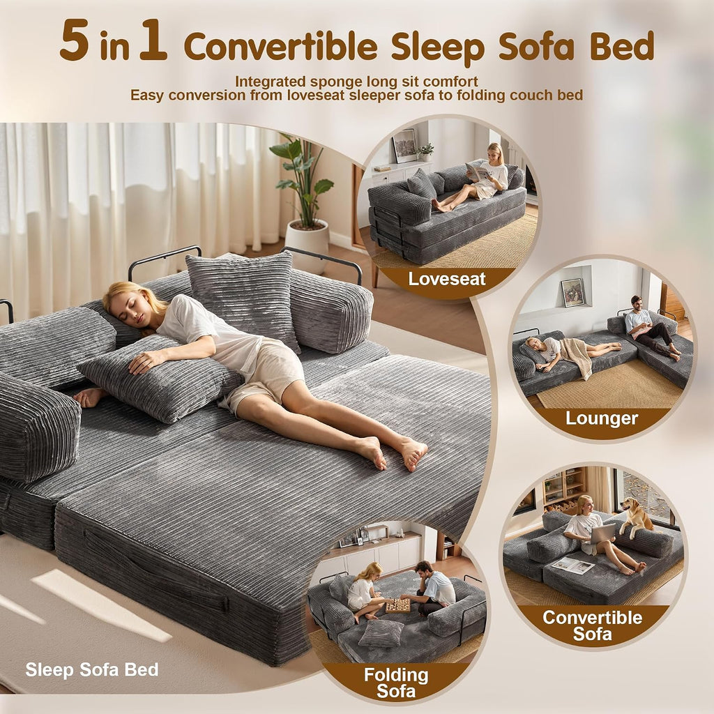 81″ Convertible Sleeper Sofa Bed with Pillows, Corduroy Foldable Mattress Couch with Fixed-Shape Frame, Futon Sofa Bed, Boneless Couch for Living Room Bedroom Lounge Studio, Gray