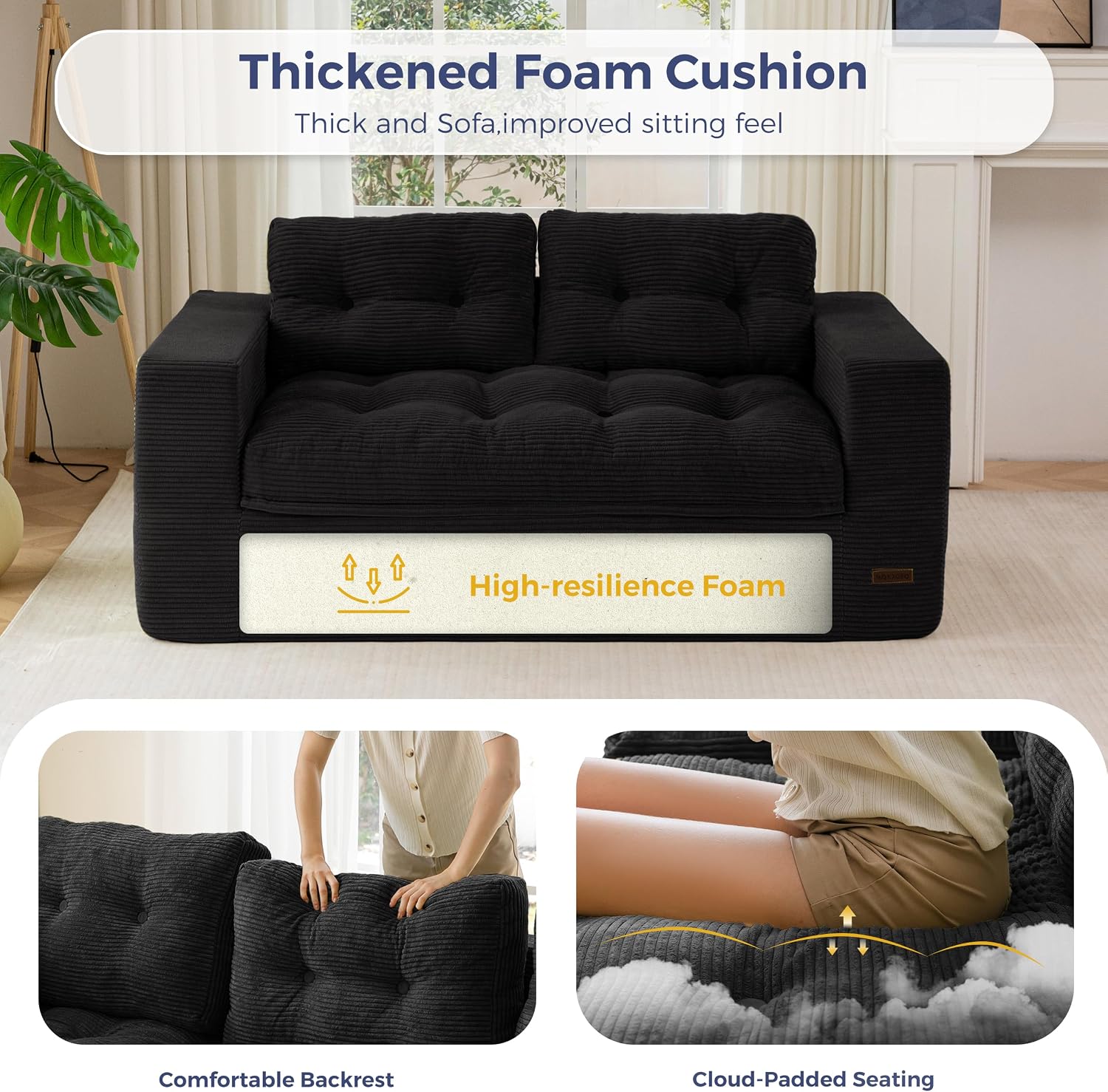 MAXYOYO Boneless Sofa Couch for Adults, Upholstered Floor Sofa with Armrests, Loveseat Couch with Cushion & Pillows, Sofa in A Box, Large Bean Bag Couch for Bedroom Living Room