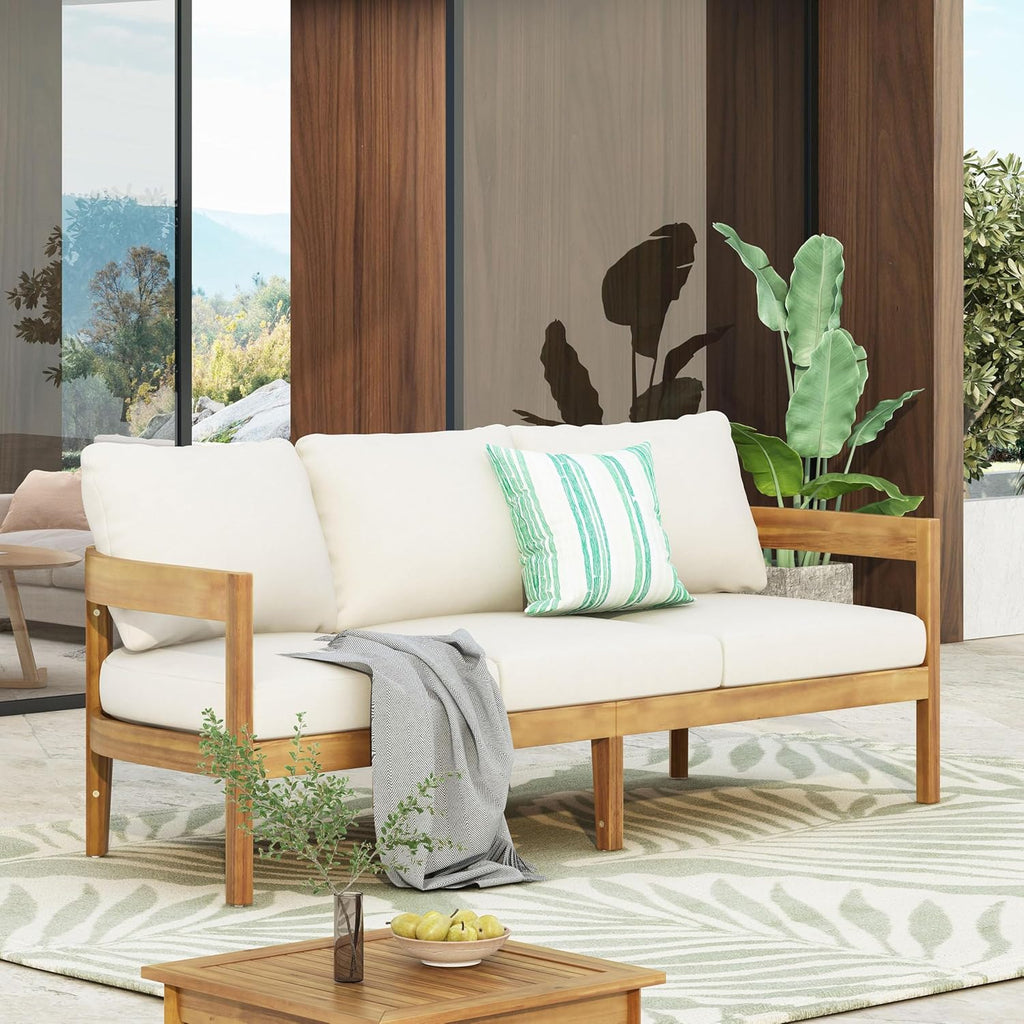 76.5 Inch Outdoor Acacia Wood 3-Seater Patio Sofa with Beige Cushions Curved Tuxedo Design Weather-Resistant Garden Backyard Couch, Teak
