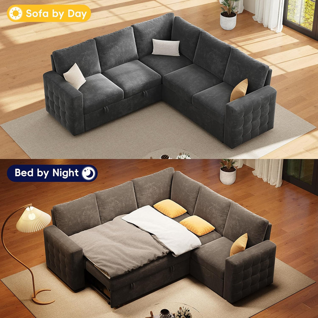 86' Sectional Sleeper Sofa Bed, Sleeper Couch with Pull out Bed, L Shaped Couch with Storage, Modular Sectional Sofa， Sectional Couches for Living Room&Apartment, Convertible Sofas, Gray Couches