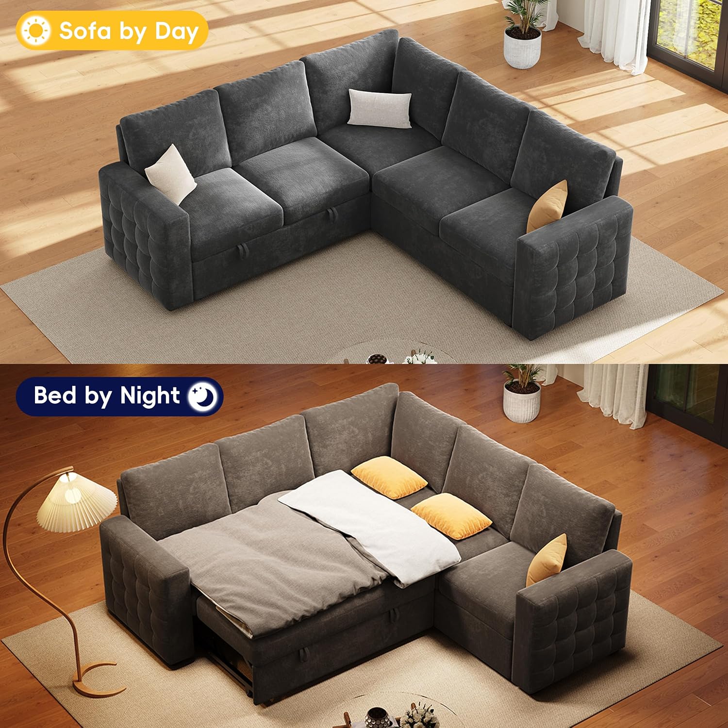 86' Sectional Sleeper Sofa Bed, Sleeper Couch with Pull out Bed, L Shaped Couch with Storage, Modular Sectional Sofa， Sectional Couches for Living Room&Apartment, Convertible Sofas, Gray Couches
