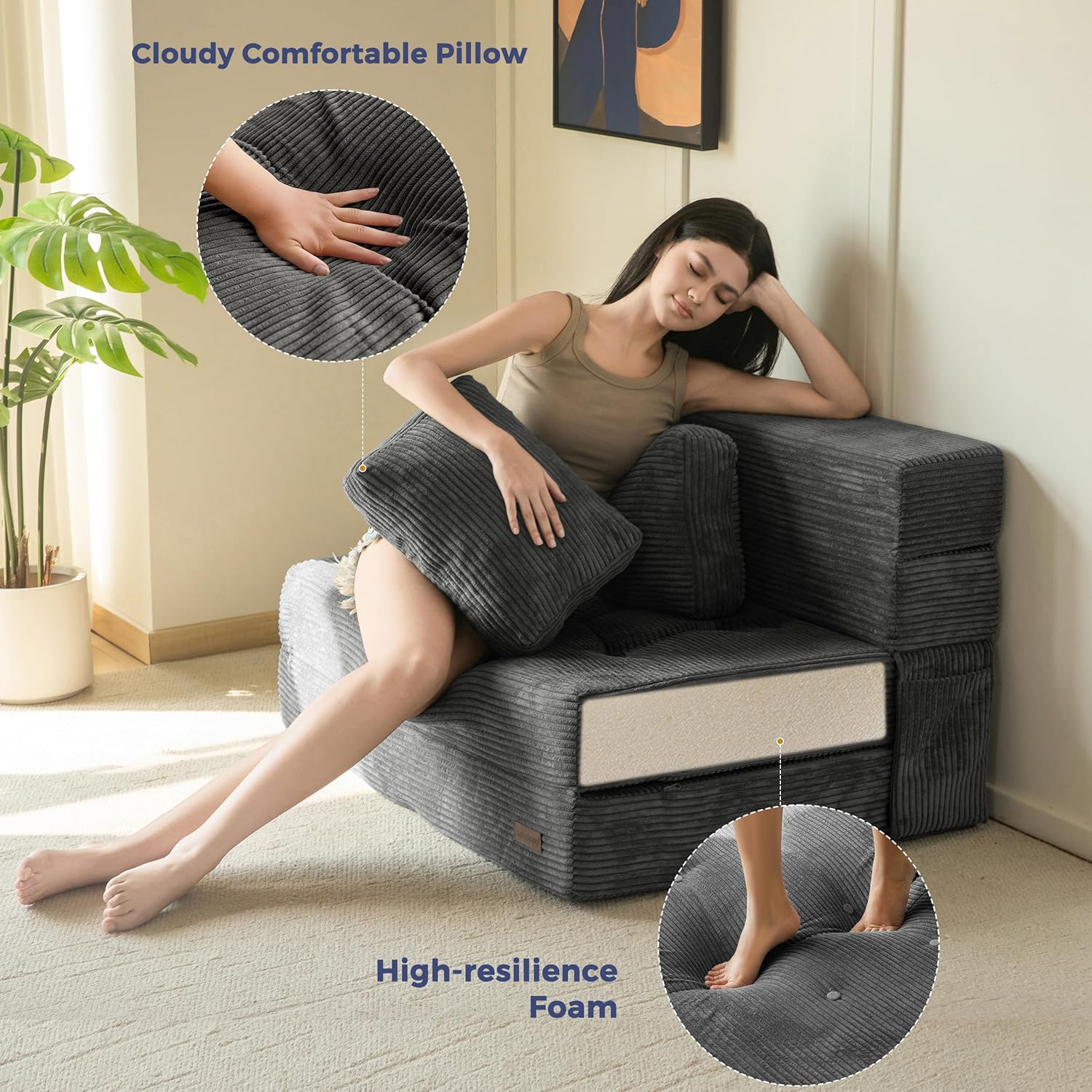 MAXYOYO Convertible Sofa Bed, Fold Out Sleeper Sofa with Pillow, 4 in 1 Tufted Folding Couch Bed Foam Floor Couch, Lazy Chair for Living Room Bedroom Guest Room, Dark Grey