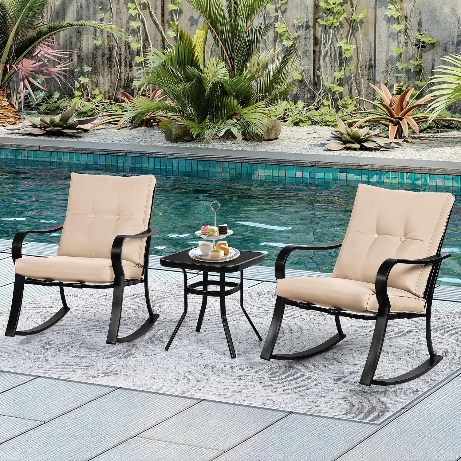 Incbruce 3 Piece Patio Bistro Set Outdoor Rocking Chairs Set, Porch Patio Conversation Chairs Set of 2 with Glass-Top Coffee Table (Brown Thickened Cushion)