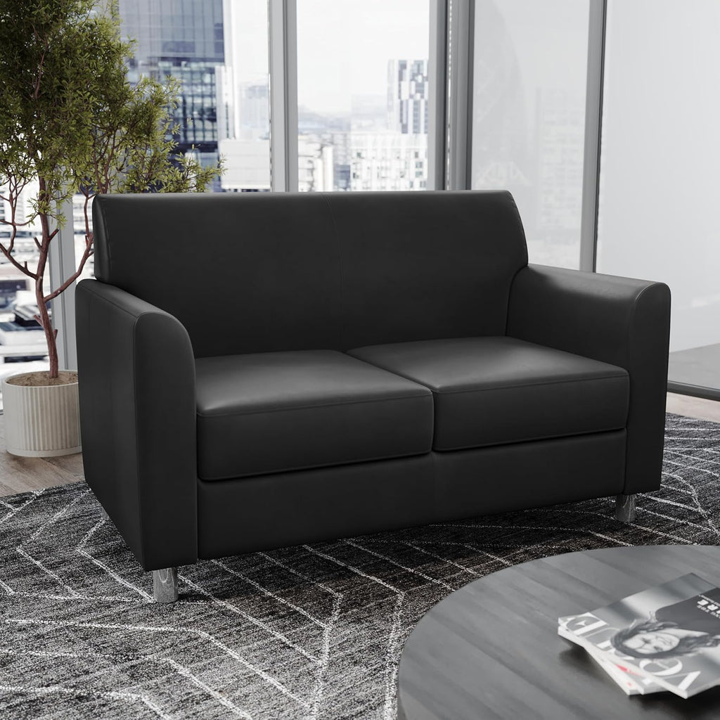 Flash Furniture Hercules Diplomat Side Reception Loveseat with Chrome Legs, Lobby Chair with Cushions and Flared Arms, Black LeatherSoft